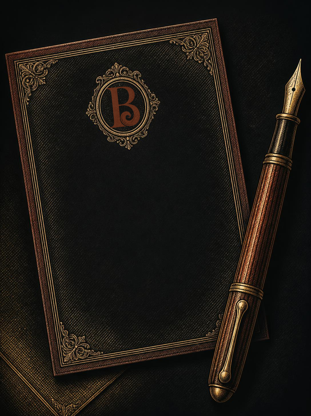 A black hardcover notebook with gold decorative border and an emblem with a letter 'B' on the cover, accompanied by a gold and brown fountain pen, both placed on a dark surface.
