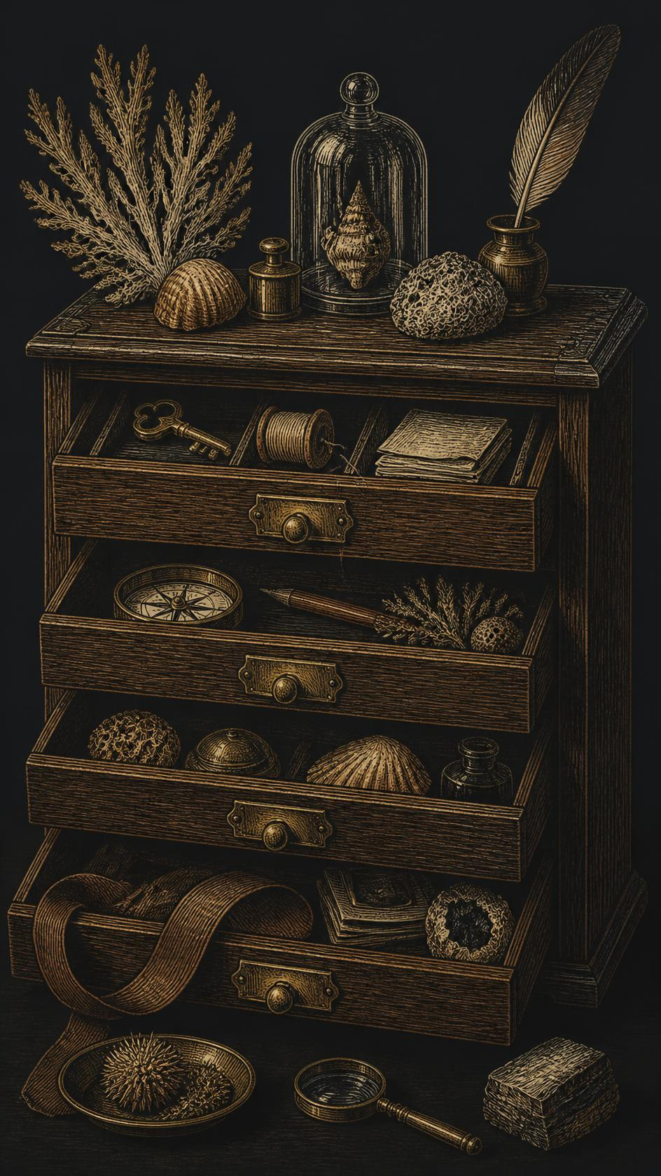 An illustration of a wooden chest with several open drawers filled with jewelry, a hat, and books, with decorative items on top such as shells, a glass dome, scent bottles, a quill and ink, a key, a compass, and a magnifying glass, on a dark background.