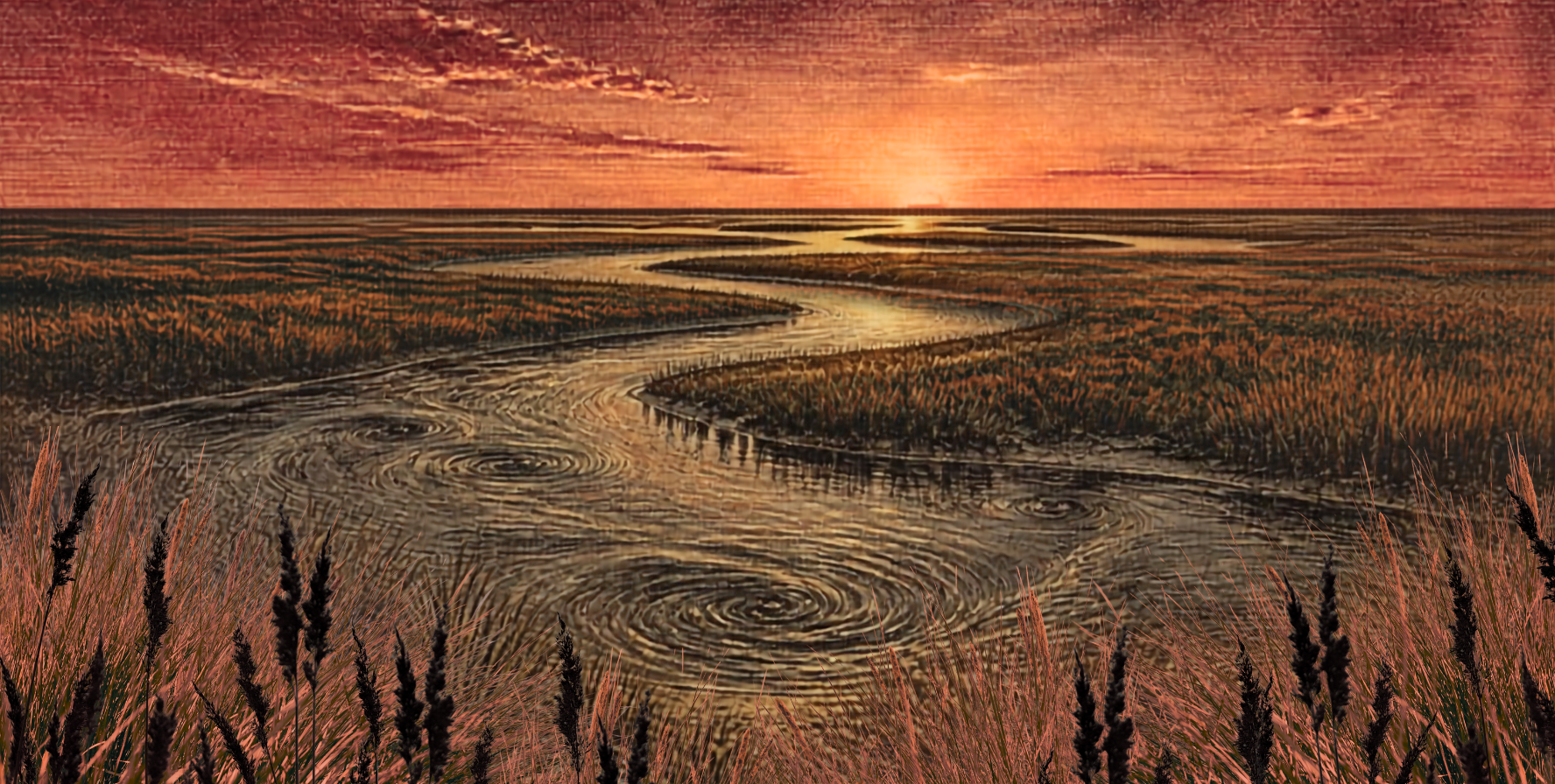 A painting of a winding river flowing through grasslands at sunset, with pink-orange sky and ripples in the water.