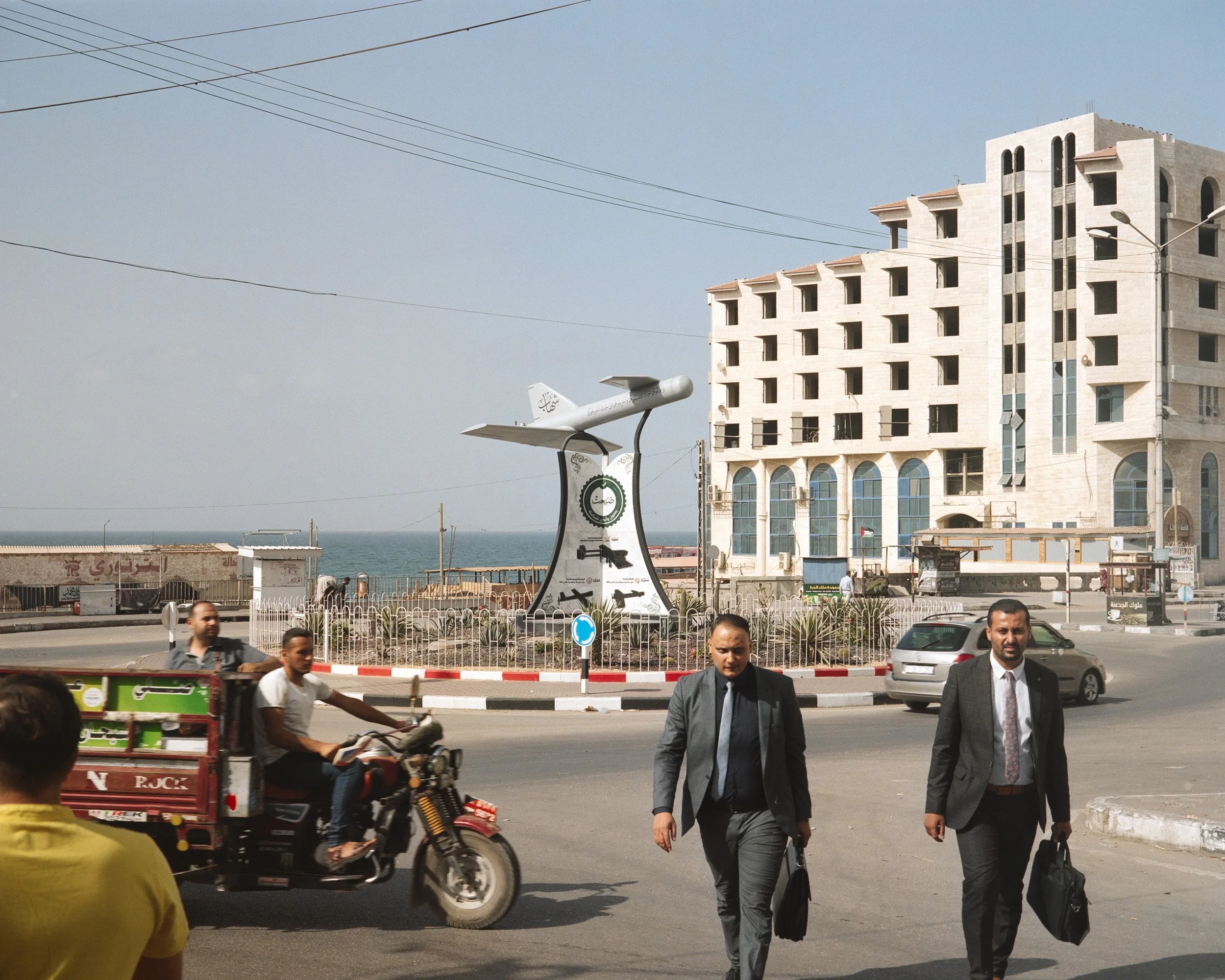 A Hamas built "Ababil" drone on a roundabout of Gaza City.