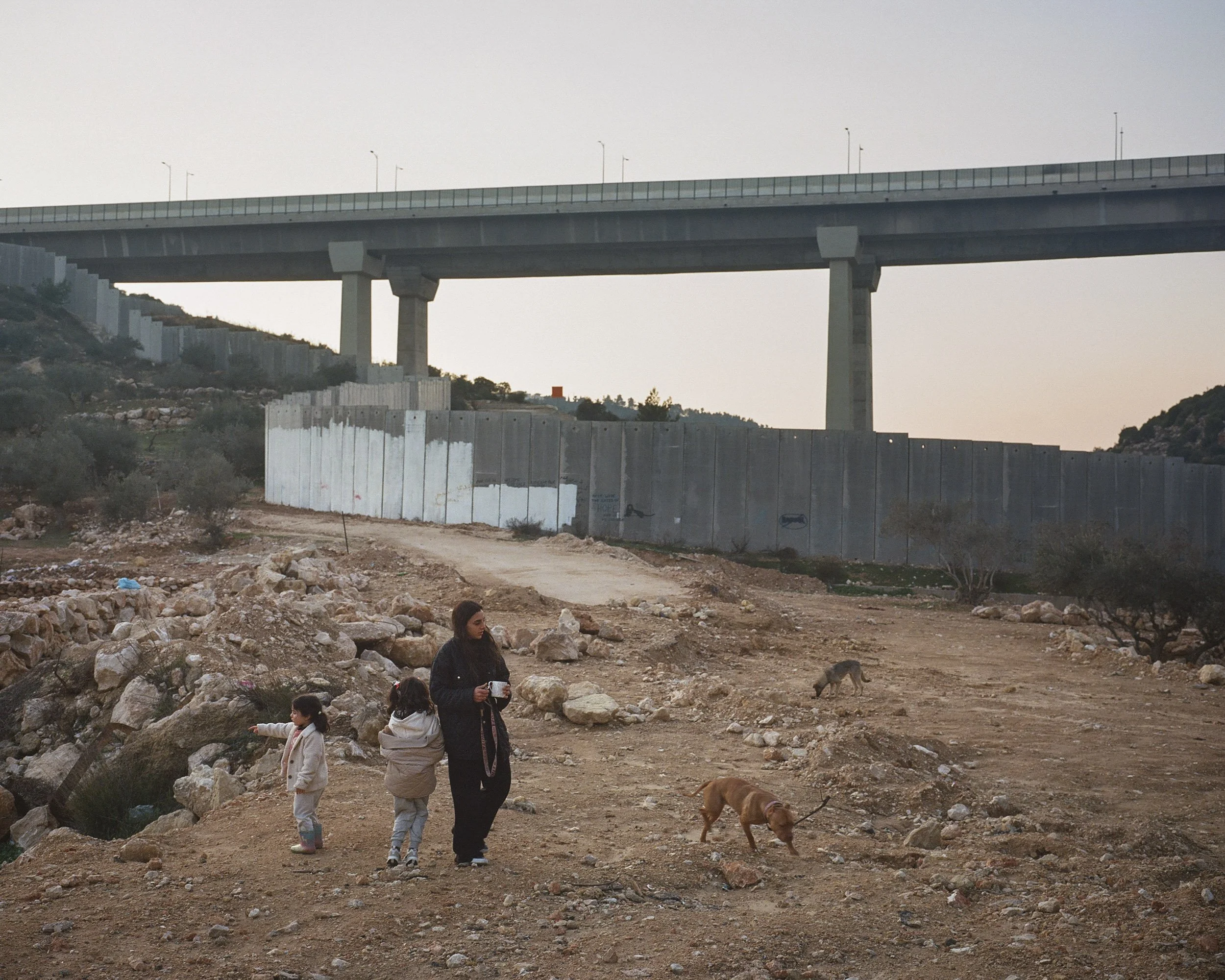 A family walks their dog at the foot of their building, under Route 60 and the separation wall. Beit Jala, February 13 2023.
