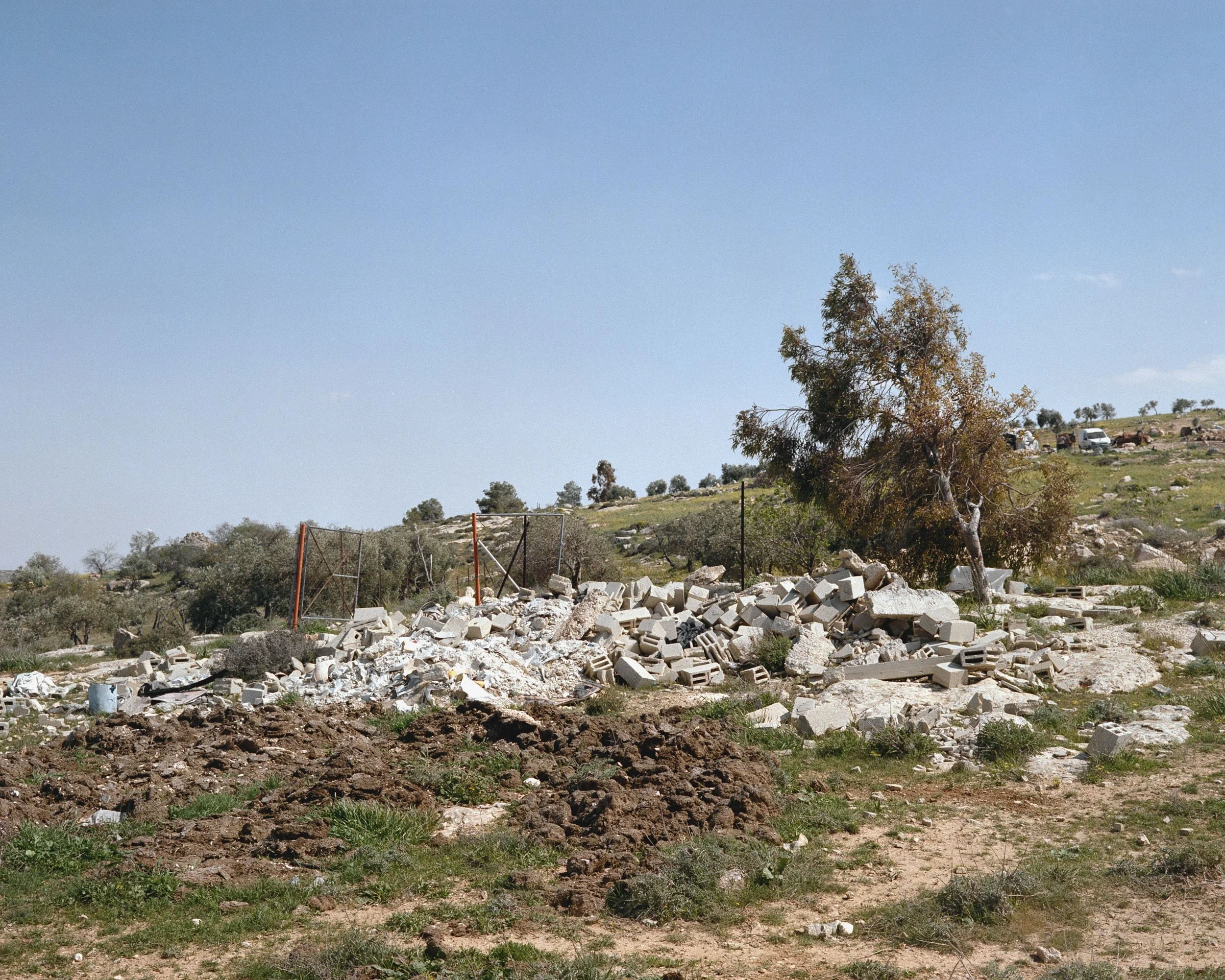 Rubble of a house destroyed following an Israeli army demolition order—issued due to construction without a permit in an army training zone—in the hills above the Palestinian village of Tuwani, Masafer Yatta.