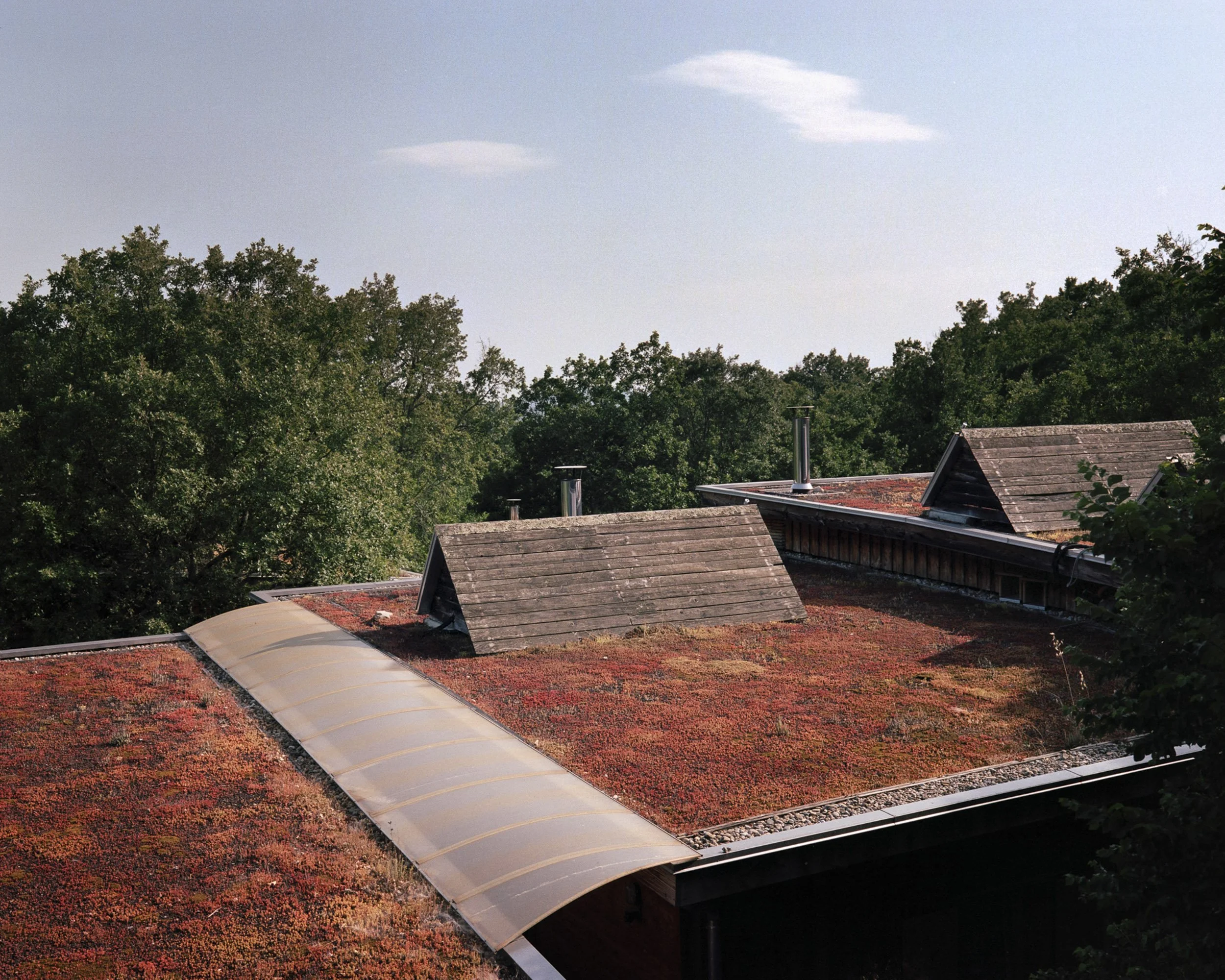 Toits végétalisés des maisons du hameau des Buis. 

Construits en 2007 (deux ans avant que certains matériaux de construction, comme la paille utilisée ici, soient reconnus comme valides et pouvant obtenir une garantie décennale), les maisons et appa