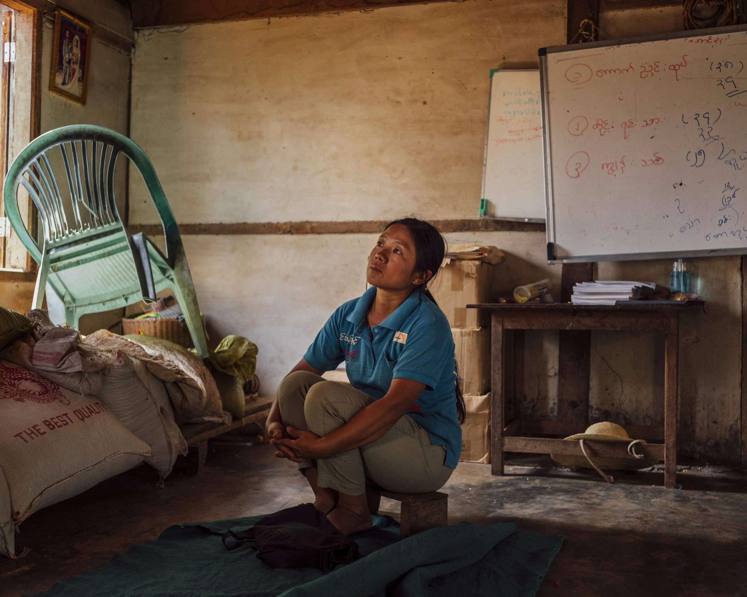 Naw Shar Pha Htoo, a mathematics teacher at Daw Si Ei village school, now teaches her pupils in her own home following the bombing of the school in February 2024 by the Burmese army, in which four children were killed.