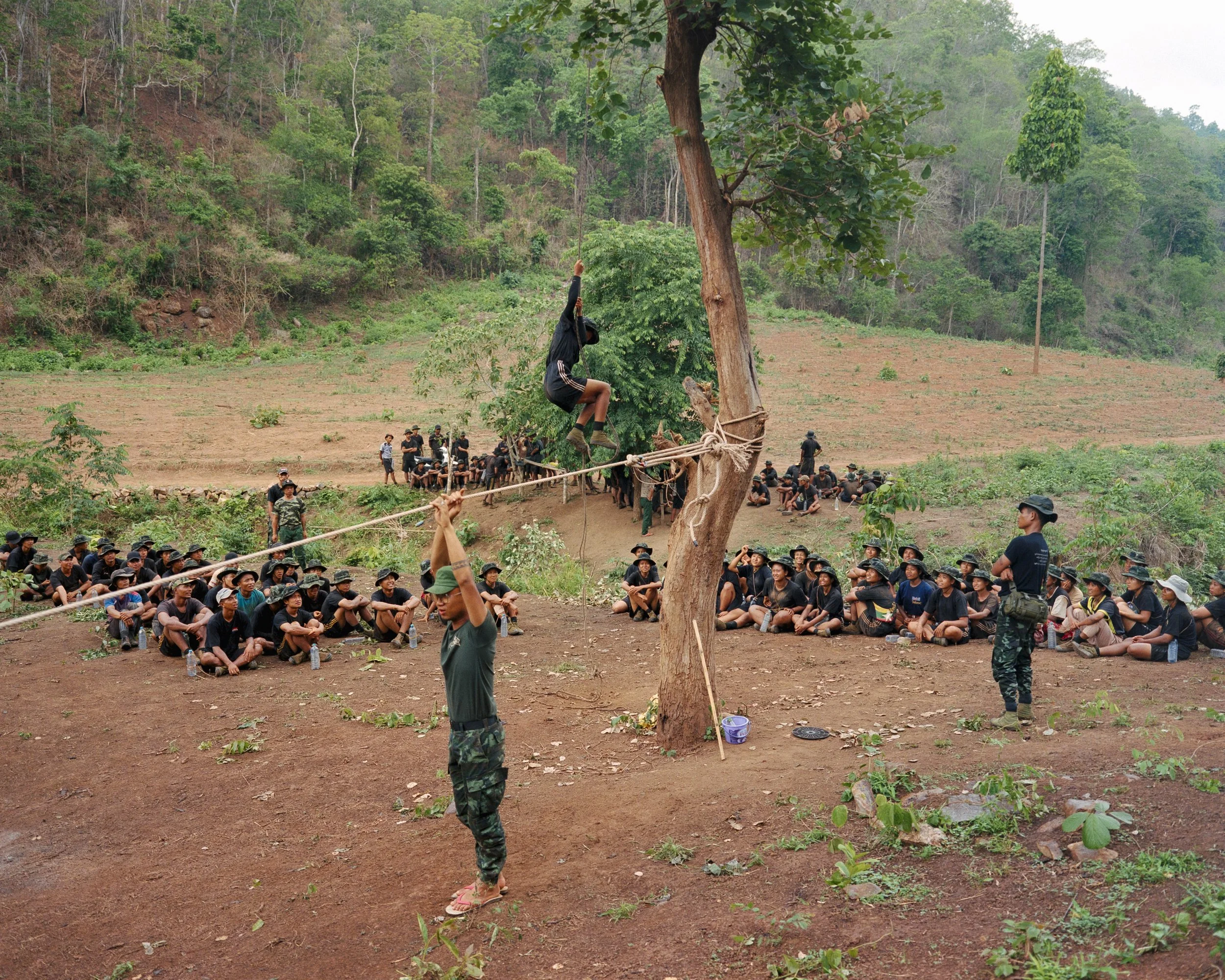 Training of new recruits to the Karenni Nationalities Defense Force (KNDF) at a group base in Karenni State. The ruling junta's introduction of conscription for young Burmese men has pushed many of them to swell the ranks of the country's rebel force