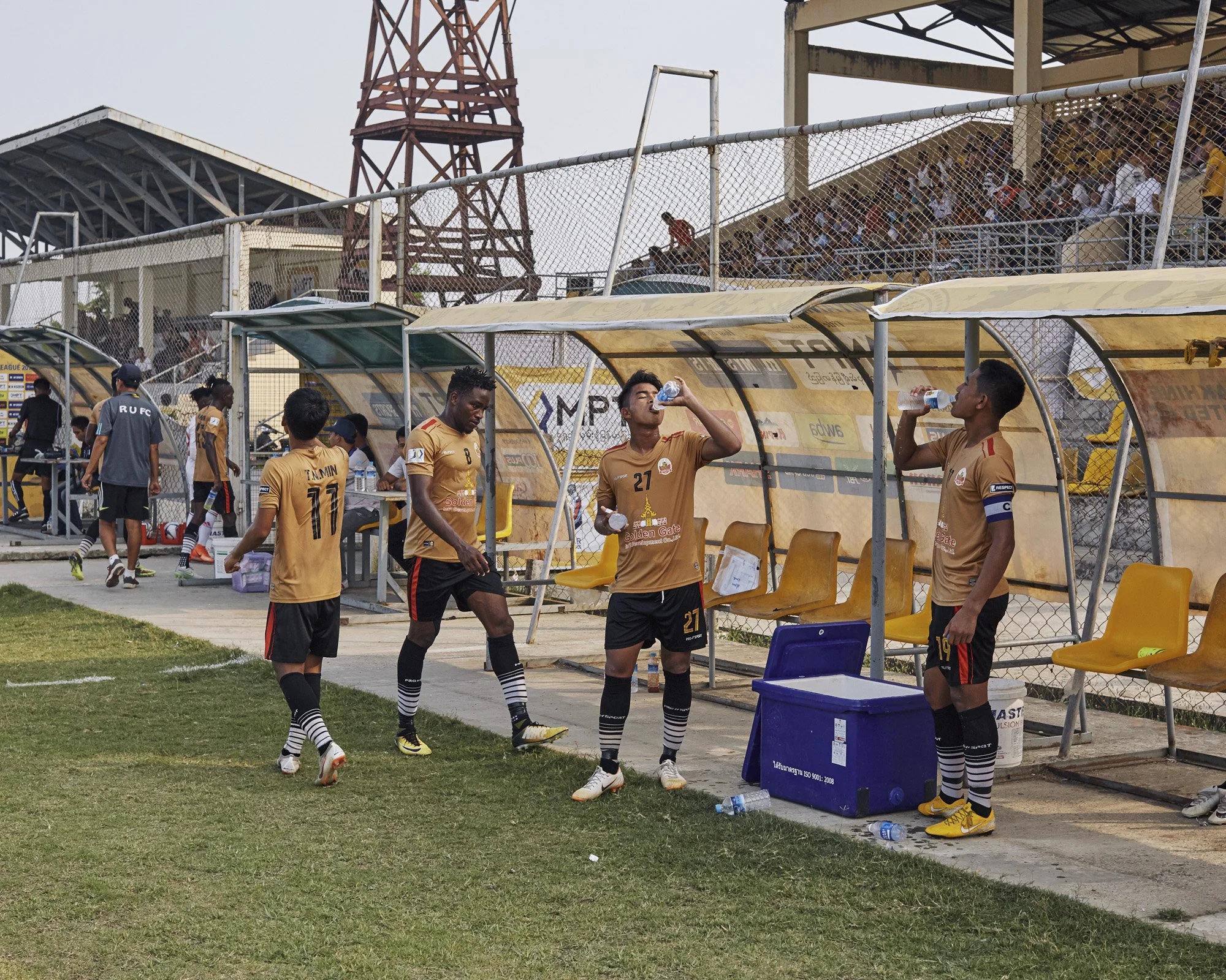 Half-time during the Rakhine United Football Club vs Chinland game, July 4 2019 Sittwe, Rakhine, Myanmar. © Lucien Lung / Riva