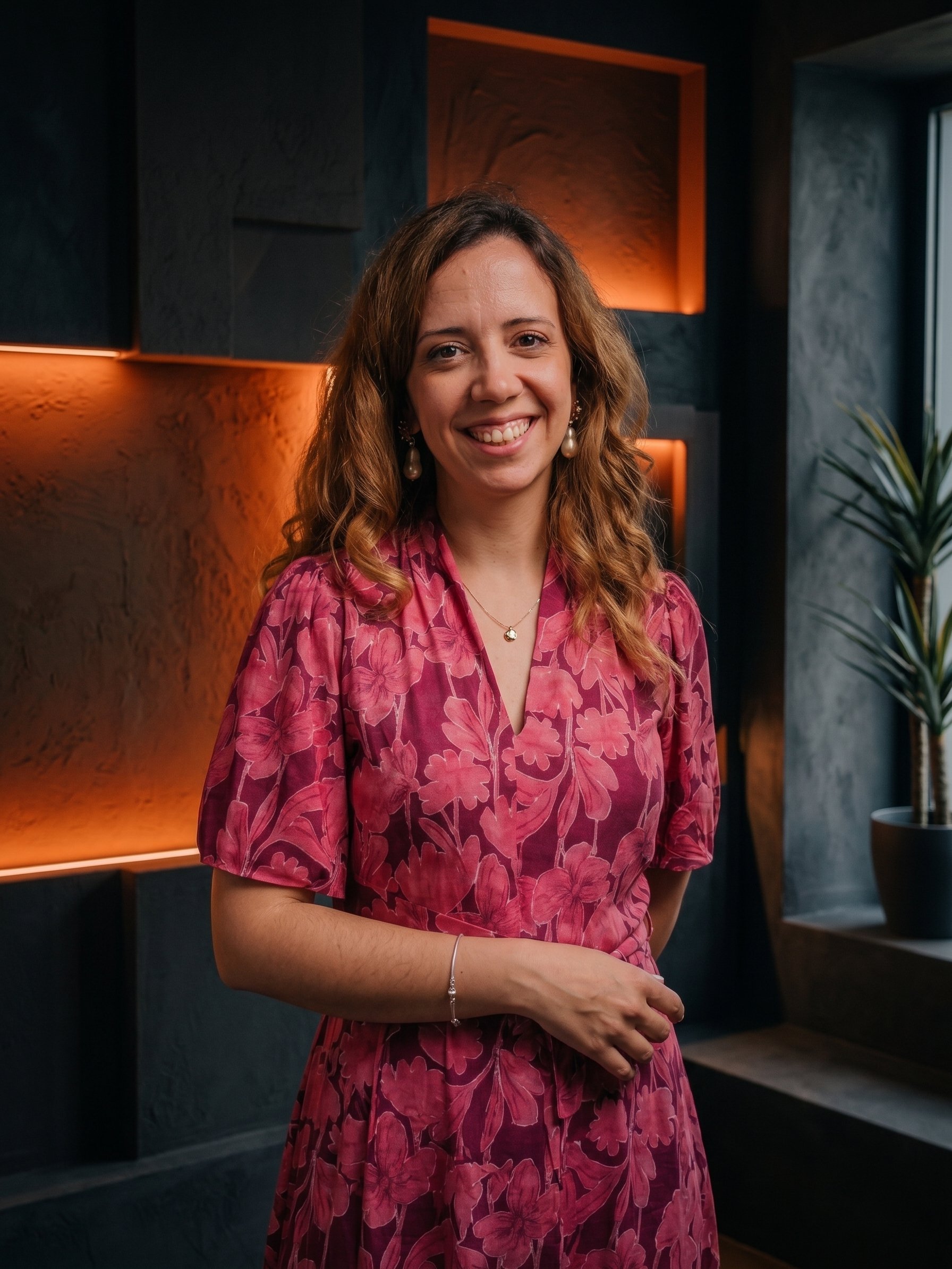 Mulher sorrindo com cabelo castanho e vestida com vestido de tema floral rosa, ao fundo paredes escuras com iluminação laranja, planta ao lado