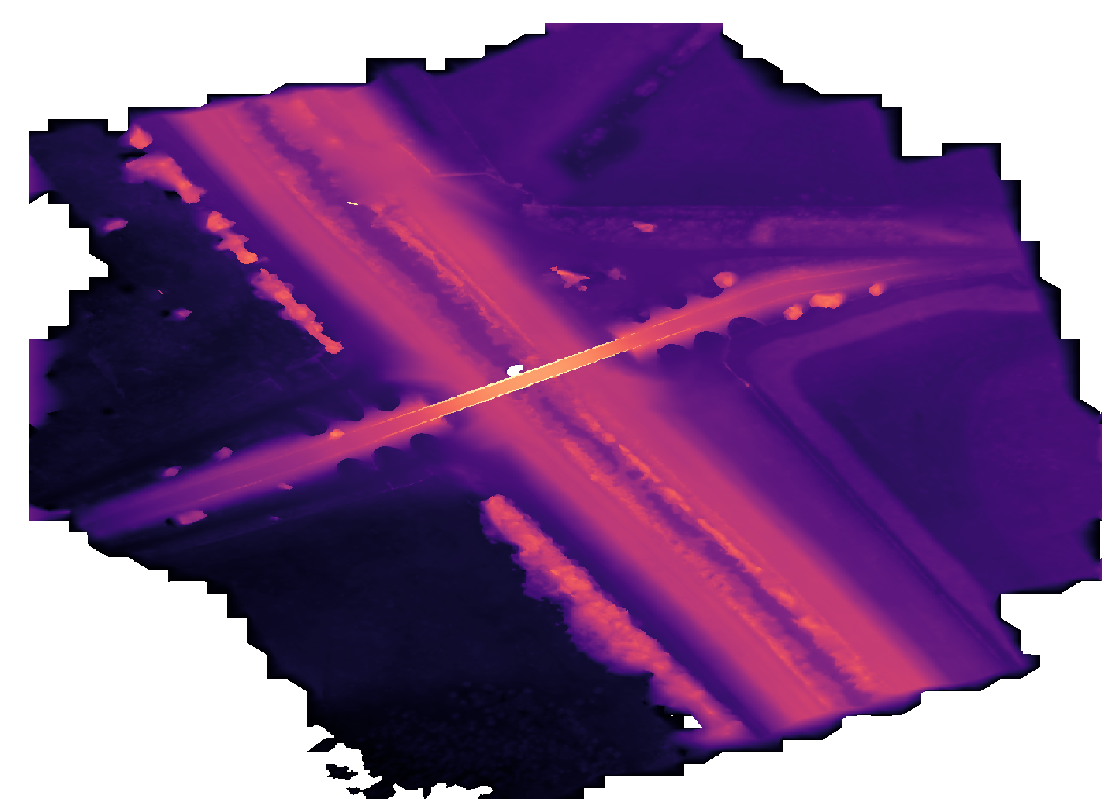A digital surface model showing elevations for a bridge crossing a river in purple and orange hues.