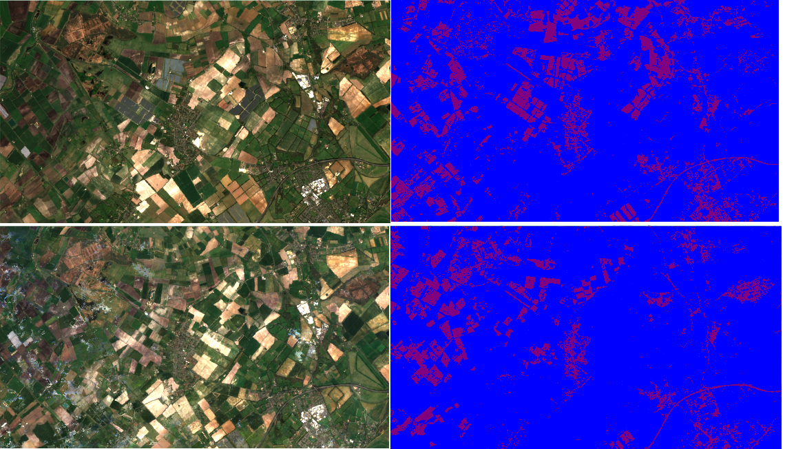 Satellite images of agricultural land with fields and roads, shown in real colour on the left and blue and red land classification on the right.