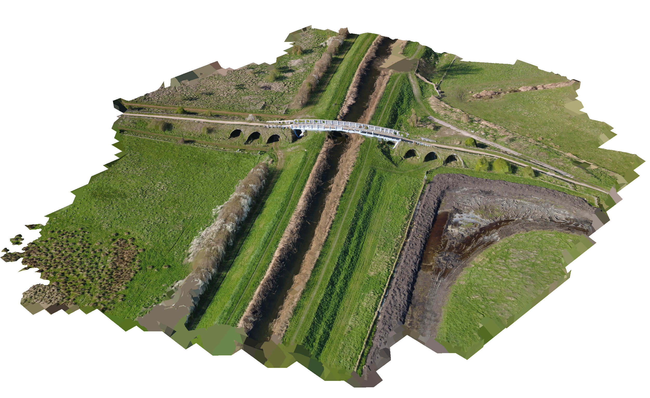 3D aerial view of a landscape with a bridge crossing a river, surrounded by green fields, trees, and pathways.