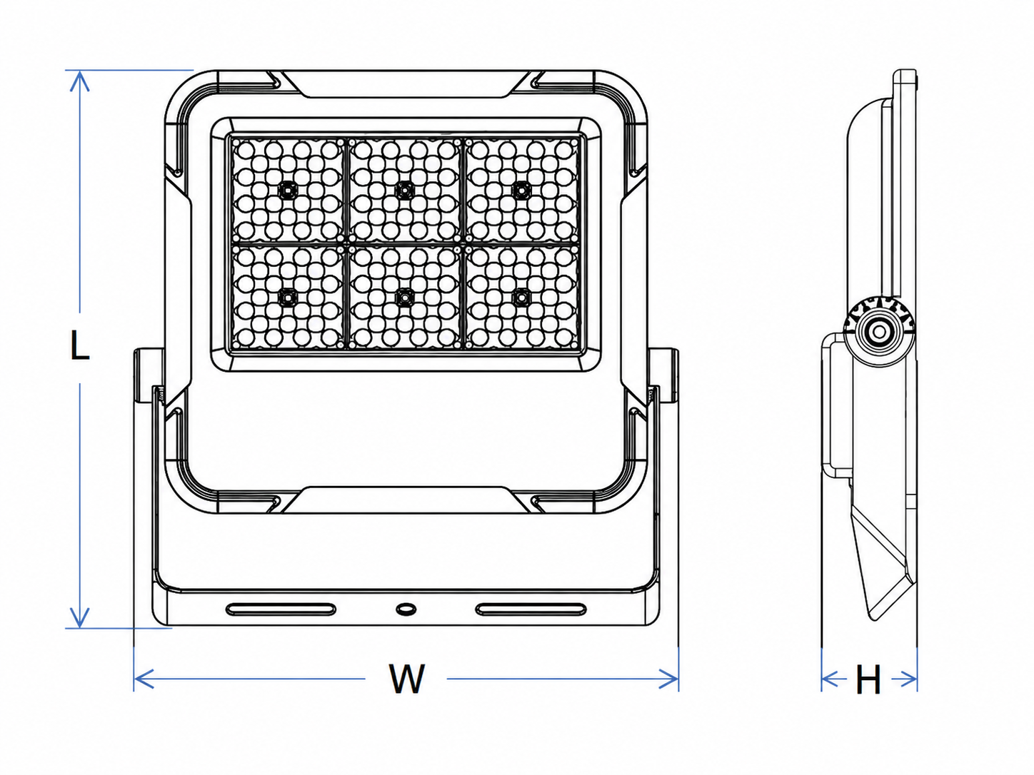 Dimension line drawing of the Dilux FD1S1 Series LED floodlight showing front and side profiles
