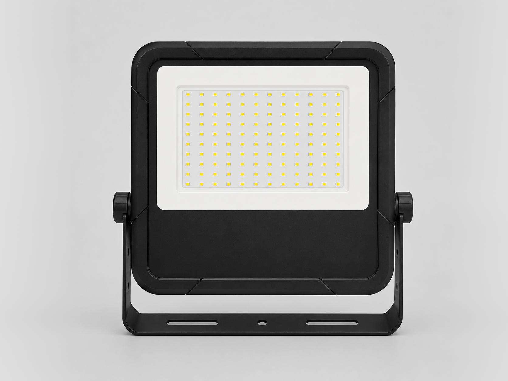 A square LED floodlight with adjustable mounting bracket and a grid of small yellow LED lights.