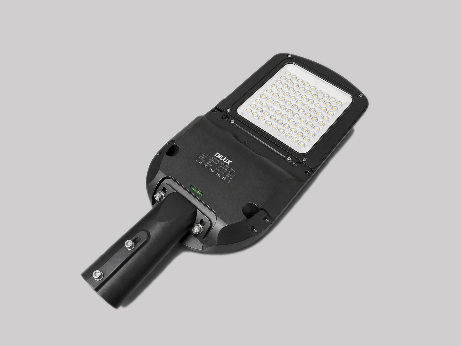 Black LED streetlight with a rectangular array of small yellow LED bulbs, mounted on a black pole with a simple gray background.