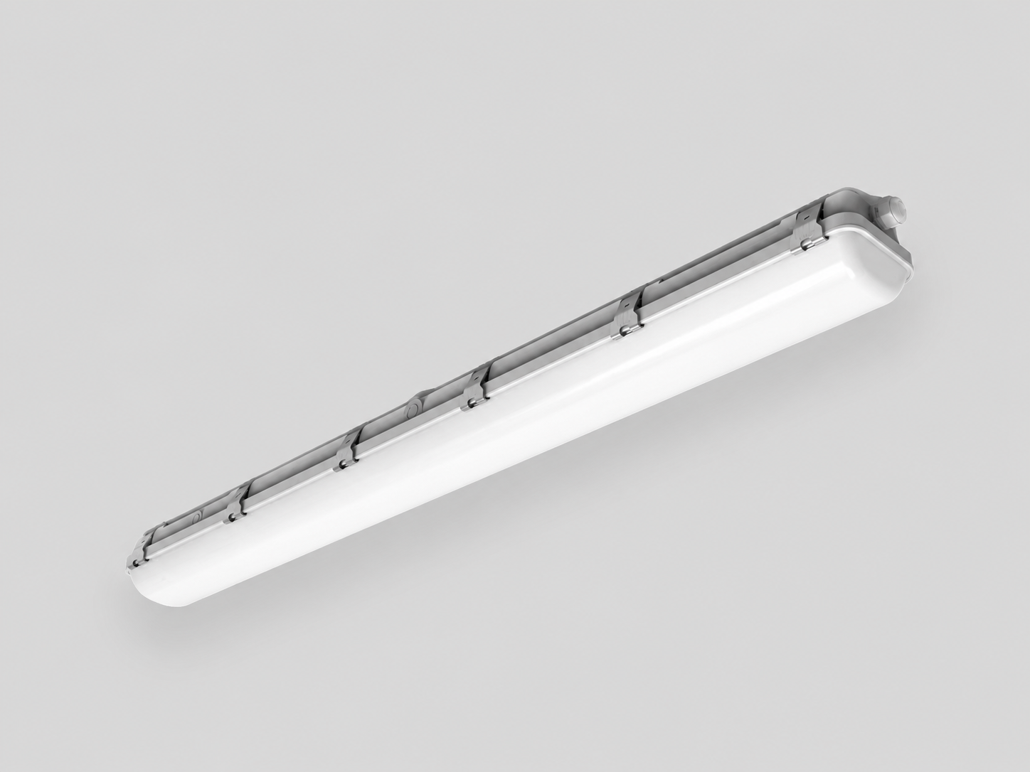 Two long, white, rectangular LED light fixtures with metal clips on a light gray background.