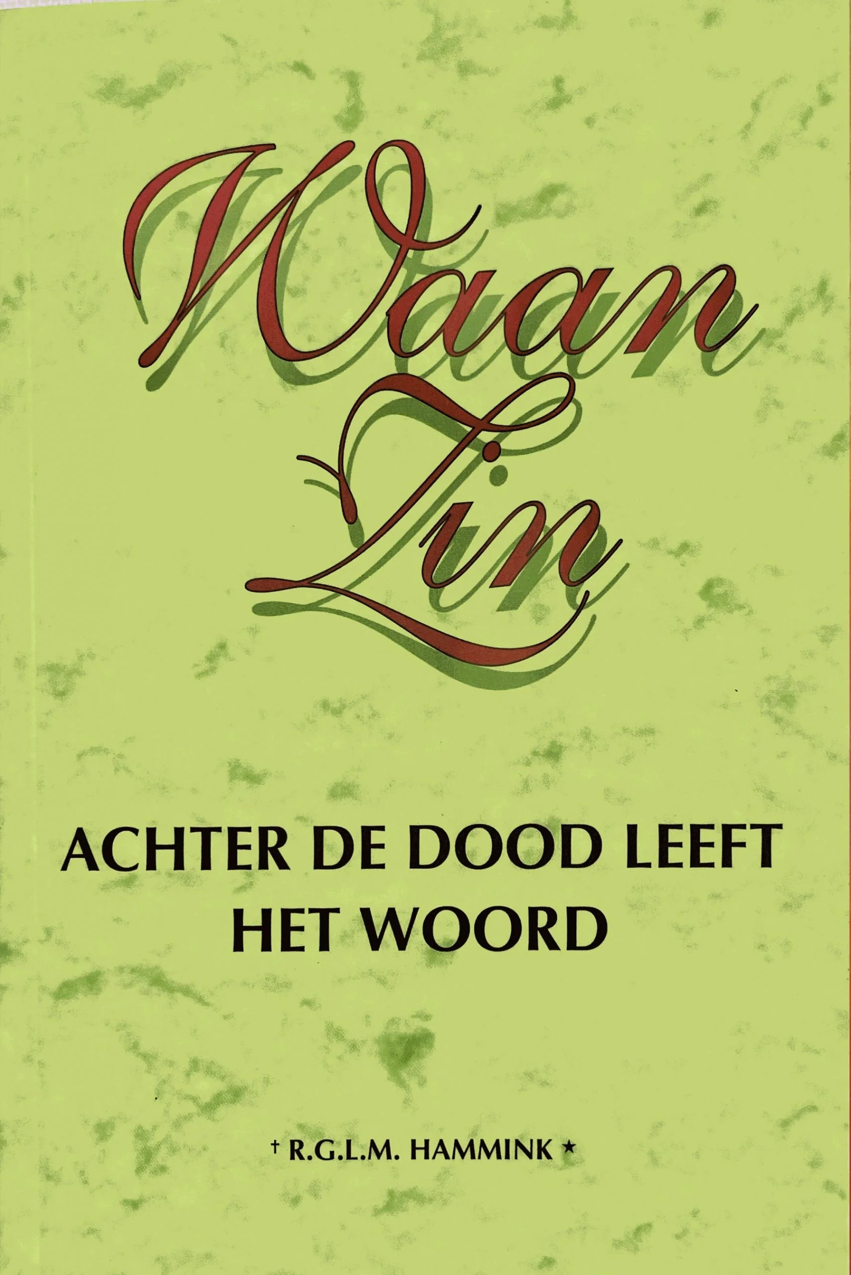 Cover of a book titled 'Vaar Lir', with a subtitle in Dutch 'Achter De Dood Leeft Het Woord', authored by R.G.L.M. Hammink. The background is green with a textured pattern, and the title is written in decorative red cursive font with a shadow effect.
