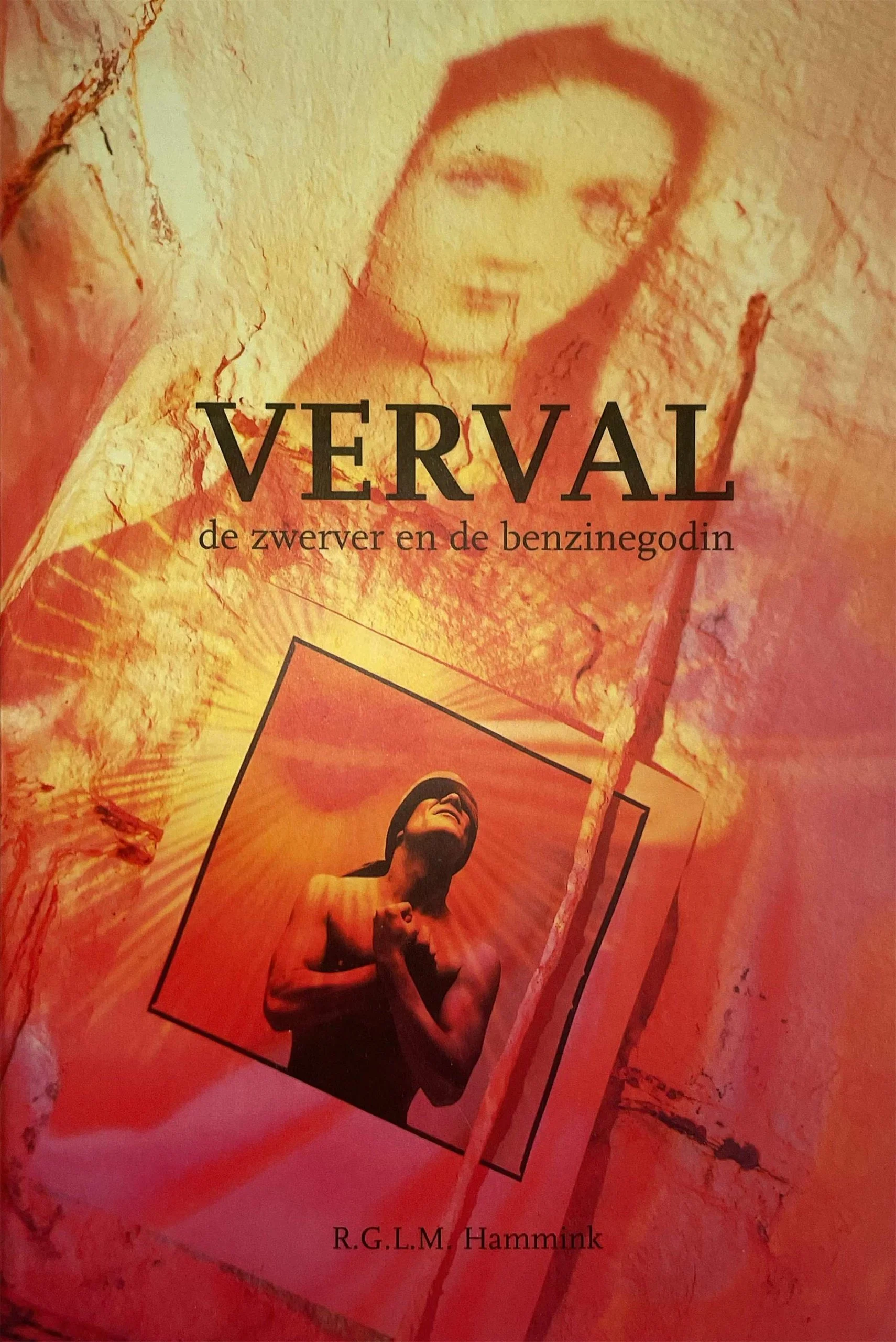 Book cover featuring a woman with short hair and glasses, with a background of warm, radiant colors. The title of the book is 'Verval' with the subtitle in Dutch, and the author's name R.G.L.M. Hammink is at the bottom.