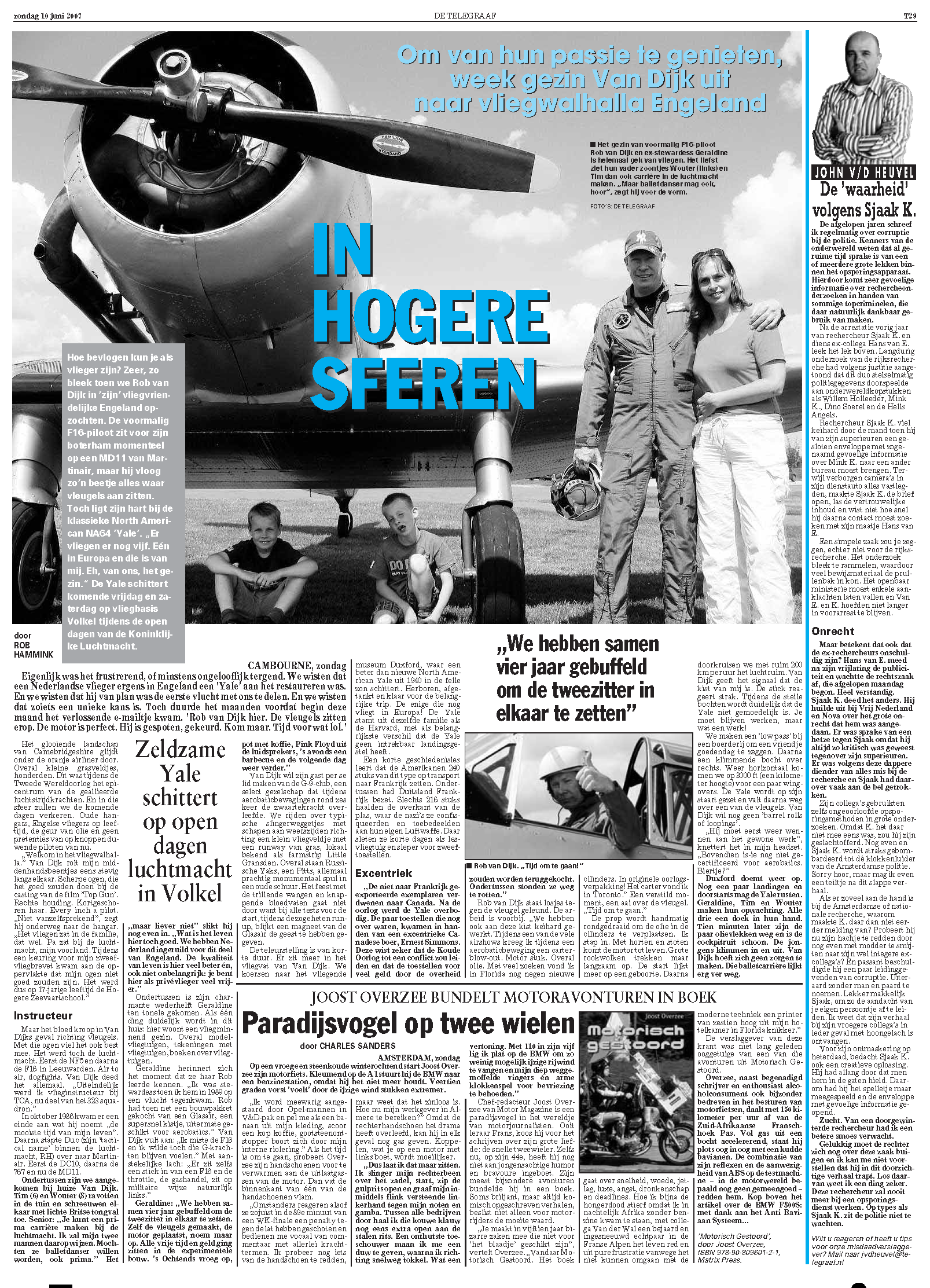 Black and white newspaper page featuring an article about a vintage aircraft, with a large photo of a fighter plane's nose and propeller, a photo of a man and a woman standing in front of the plane, and smaller images of a pilot and a woman at a desk. The headline reads "IN HOGERE SFEREN" in large blue letters.