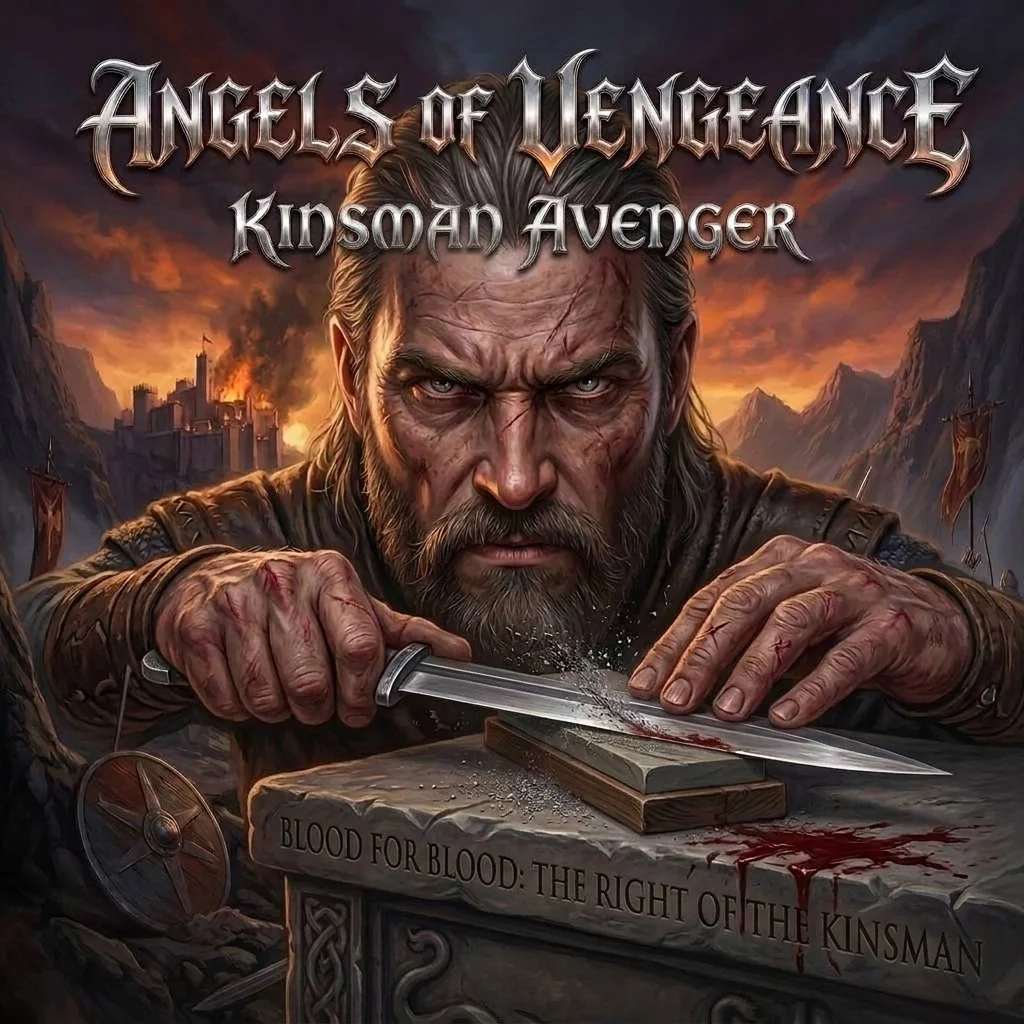 A rugged man with a beard and long hair, looking fierce, is sharpening a bloodied blade. The text reads 'Angels of Vengeance' and 'Kinsman Avenger'. The stone has an inscription reading 'Blood for Blood: The Right of the Kinsman'.