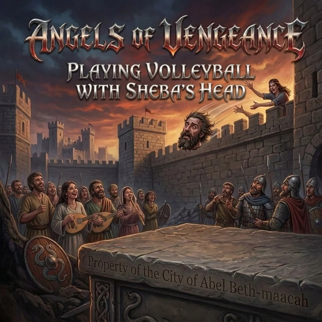 Fantasy-style illustration of a medieval castle wall with people playing volleyball with Sheba's head as the ball. A banner at the top reads 'Angels of Vengeance: Playing Volleyball with Sheba's Head.' The scene features a crowd of medieval characters cheering and clapping.