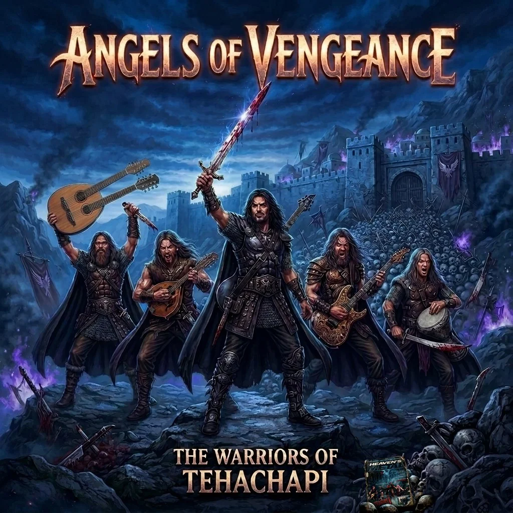 Fantasy art depicting five warriors, with weapons and musical instruments like guitars and drums. The text reads "Angels of Vengeance" and "The Warriors of Tehachapi." There is a tattered copy of Heaven's Metal Magazine on the ground.