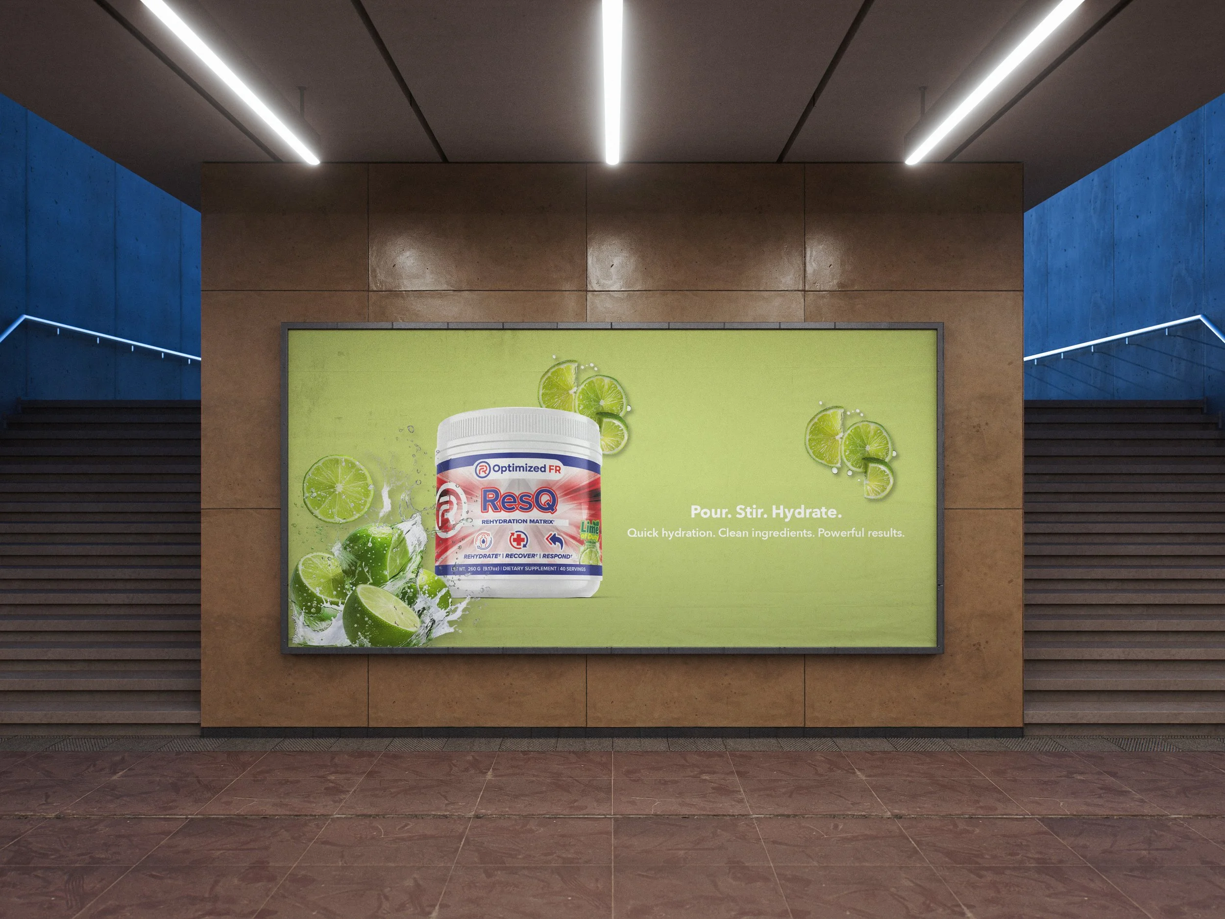 A large green poster in an indoor space advertising a dietary supplement called ResQ with lemon imagery and instructions to pour, stir, hydrate, and enjoy.
