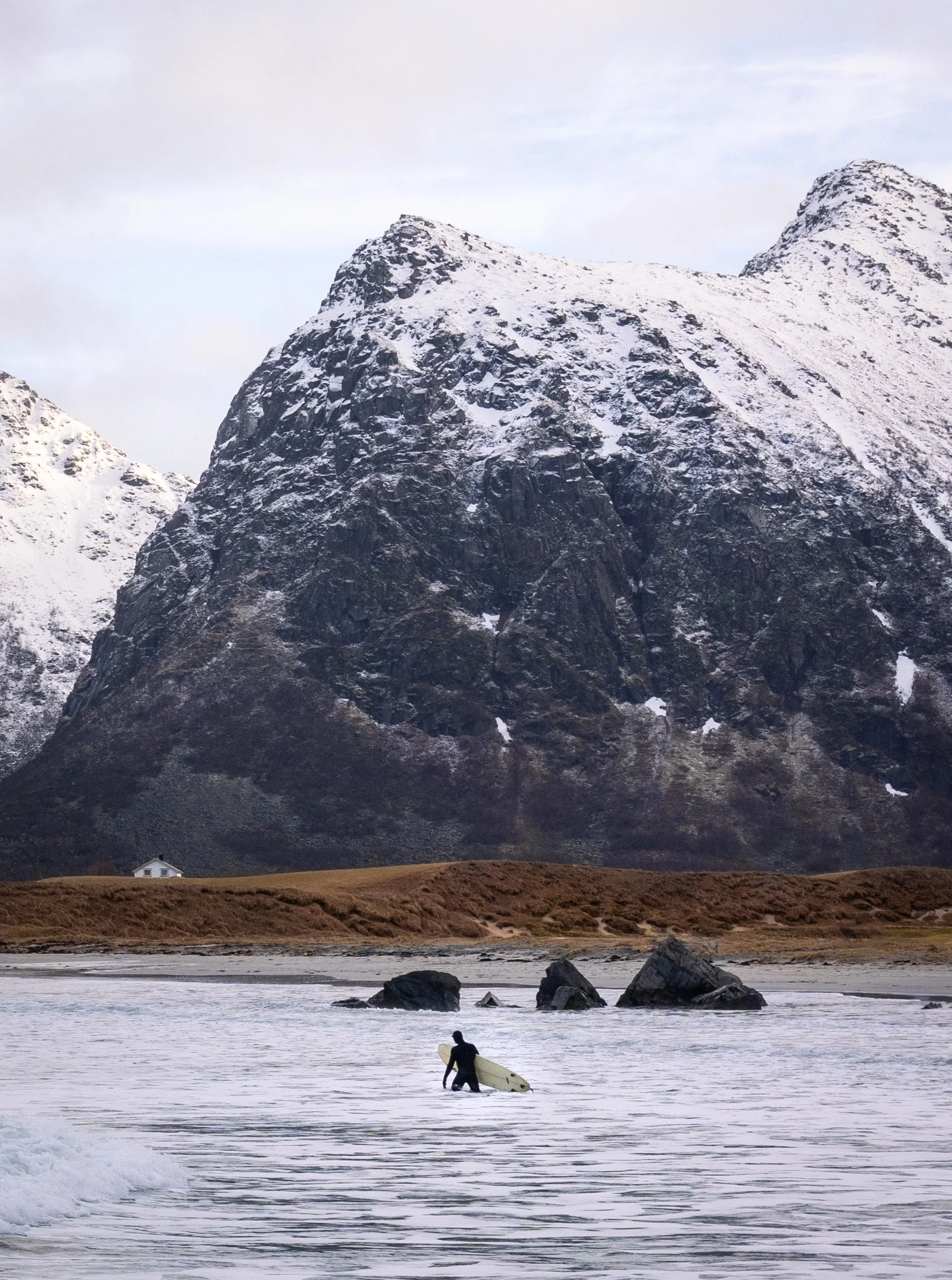 A surfer in the water below a snow-covered face, Lofoten, Norway — the sea here sits a few degrees above freezing through the surf season.