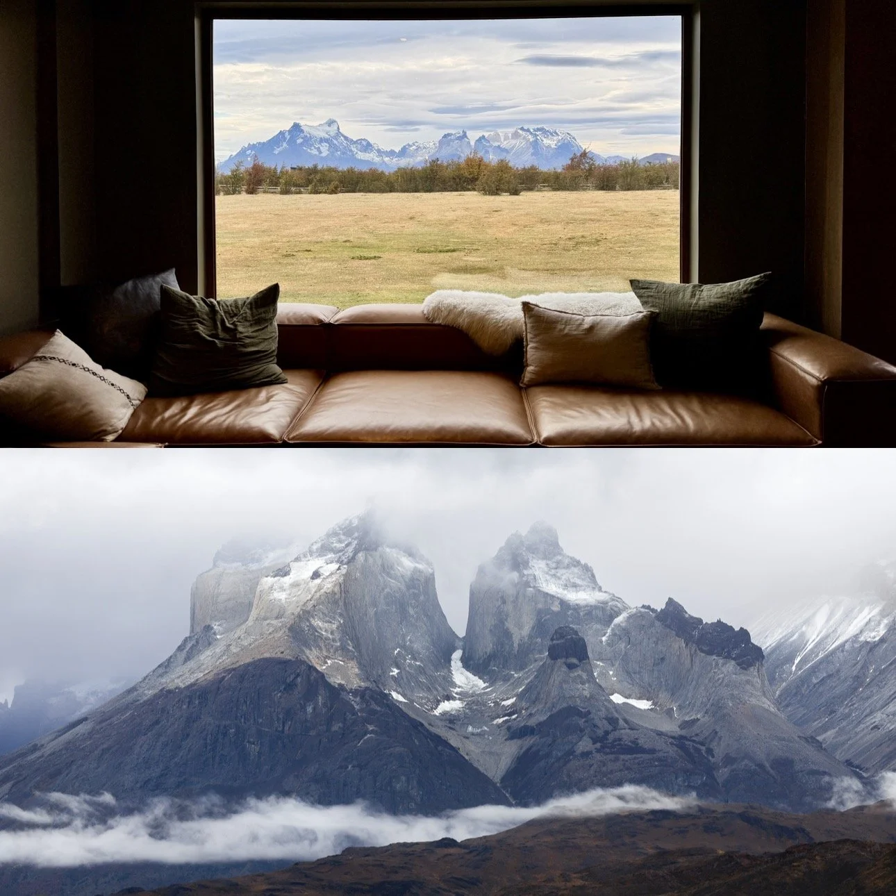 Hotel Río Serrano interior with the Paine massif through a picture window, paired with the Cuernos del Paine above cloud