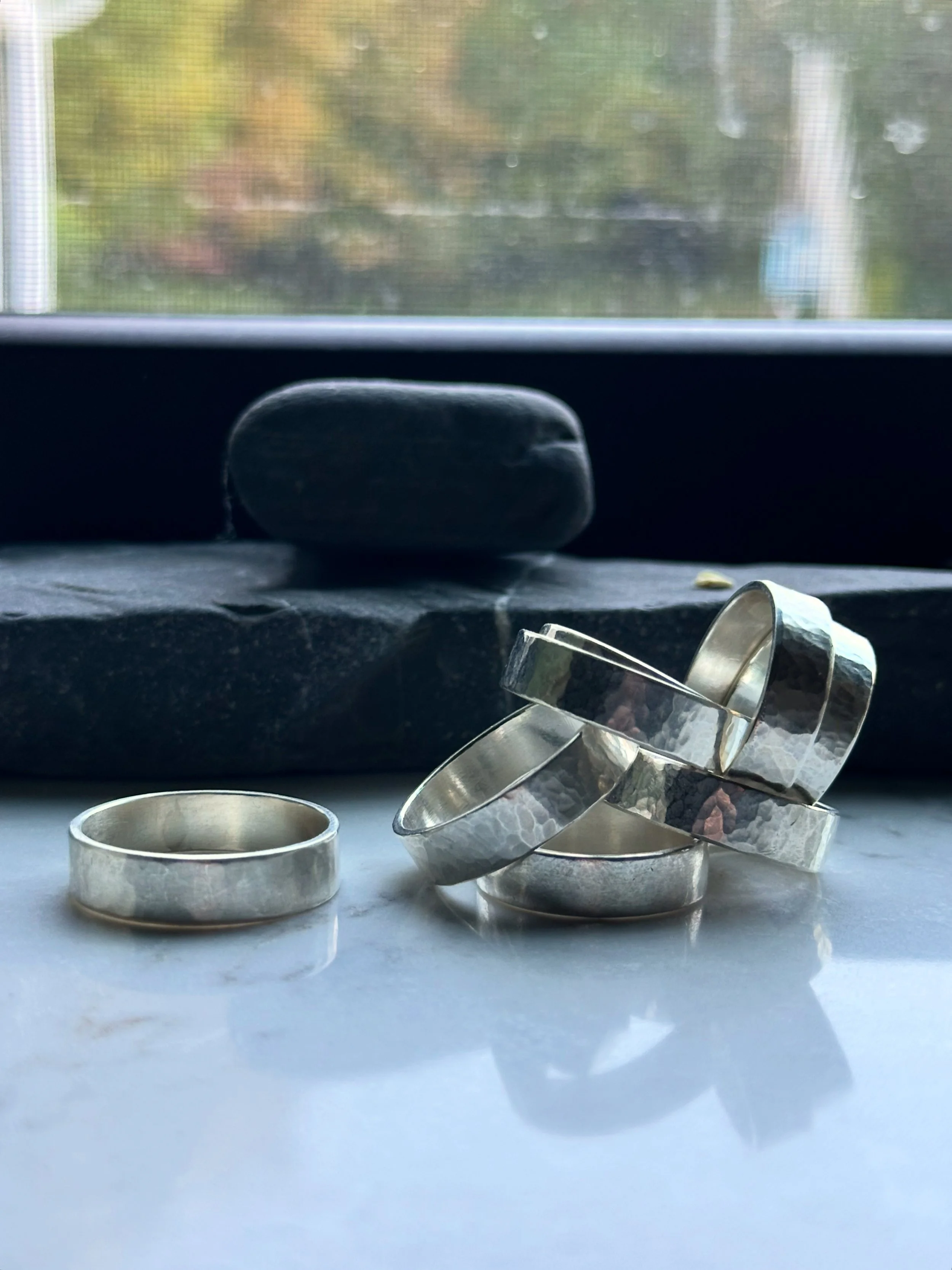 Hammered Silver Ring: Wide Flat Band