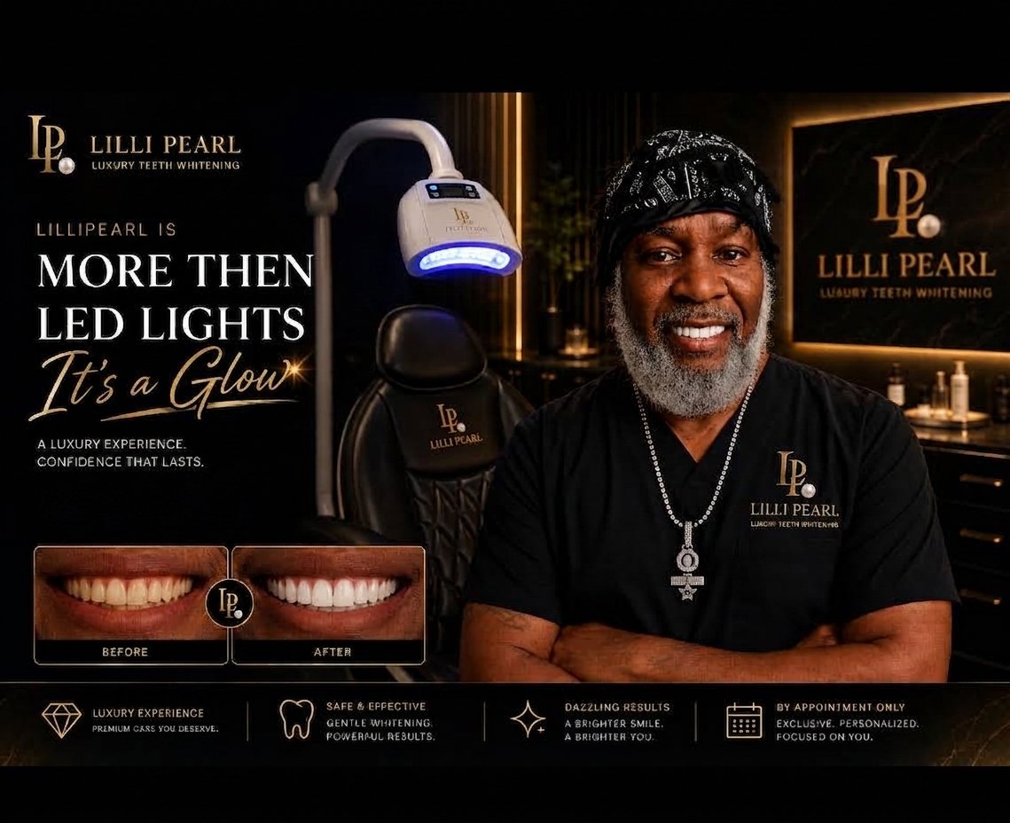 promotional flyer for Lilli Pearl Luxury Teeth Whitening, showing a smiling man in a dark setting with the logo and text about LED light teeth whitening, comparison images of teeth before and after whitening, and icons with text describing the service as a luxury, safe, effective, with dazzling results, available by appointment only.