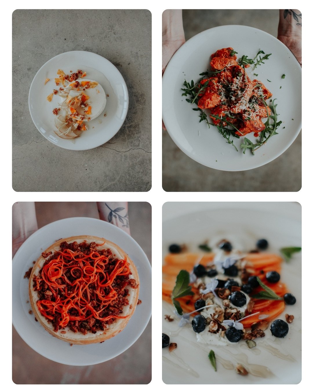 Four plates of pasta dishes with different toppings. The top left plate has what appears to be a creamy pasta with shaved cheese and crispy toppings. The top right plate has pasta with tomato sauce, arugula, and grated cheese. The bottom left plate features spaghetti with a meat-based sauce. The bottom right plate shows a pasta dish topped with blueberries, nuts, and herbs.