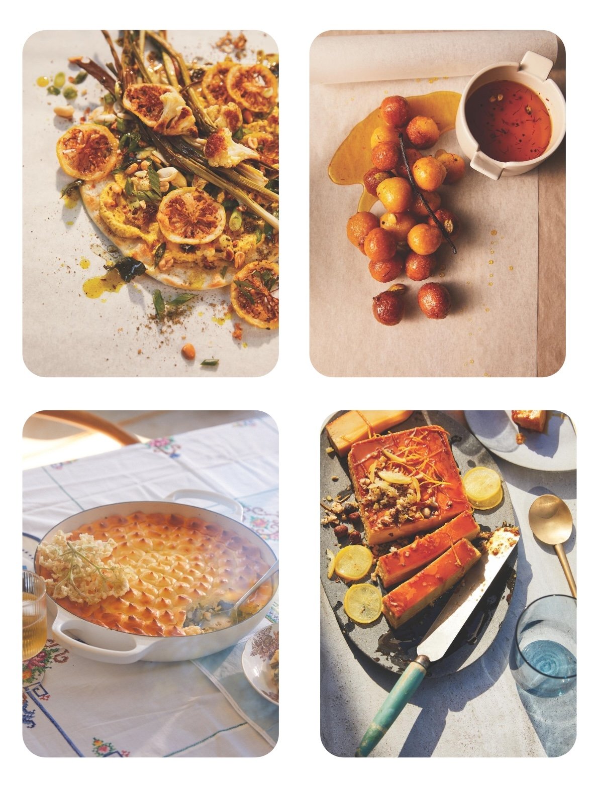 Four images of different foods. The first shows a plate with roasted oranges, greens, and nuts. The second shows a bunch of small fried balls with a cup of tea. The third shows a casserole of baked beans. The fourth shows baked sweet potatoes with lemon slices on a black tray.