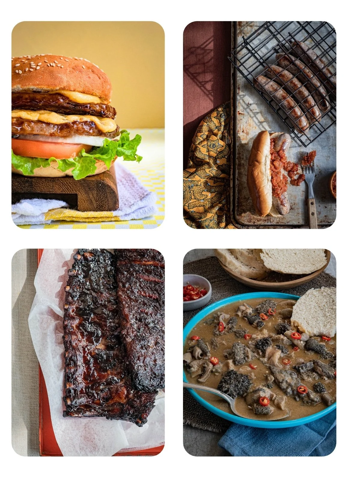 Collage of four images showing a cheeseburger, grilled sausages, barbecue ribs, and a stewed dish with bread.