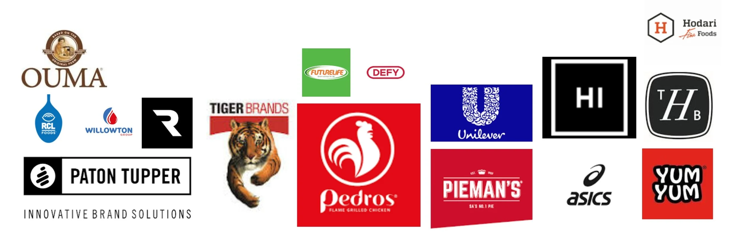 A collage of various food and beverage brand logos, including Pedros flame-grilled chicken, Tiger Brands, Unilever, Asics, Yum Yum, and others, with the slogan "Innovative Brand Solutions" at the bottom.