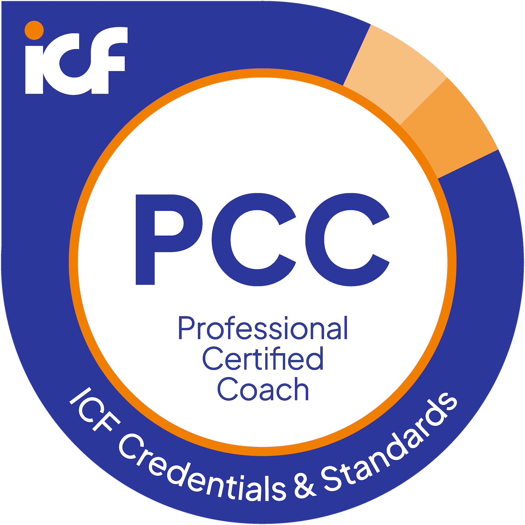 Certification badge with a blue background and a white circle in the center, surrounded by the text 'ICC' and 'ICC Certified Standards and Principles'. The badge signifies professional certification as a coach.