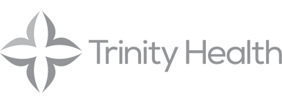 Trinity Health logo with a stylized cross and company name in gray on a black background.