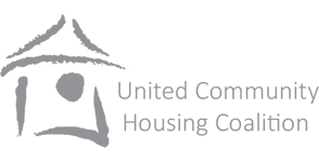 The logo of the United Community Housing Coalition, featuring a stylized house with a person figure inside.