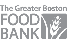 Logo of The Greater Boston Food Bank with text and an abstract design of wheat