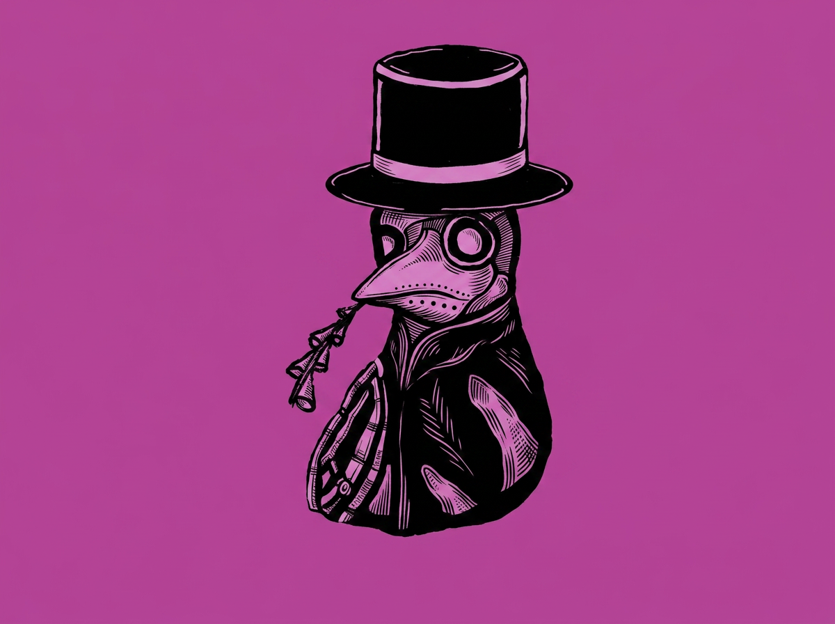 Stylized illustration of a pigeon wearing a black top hat and glasses, dressed in a trench coat, against a purple background.