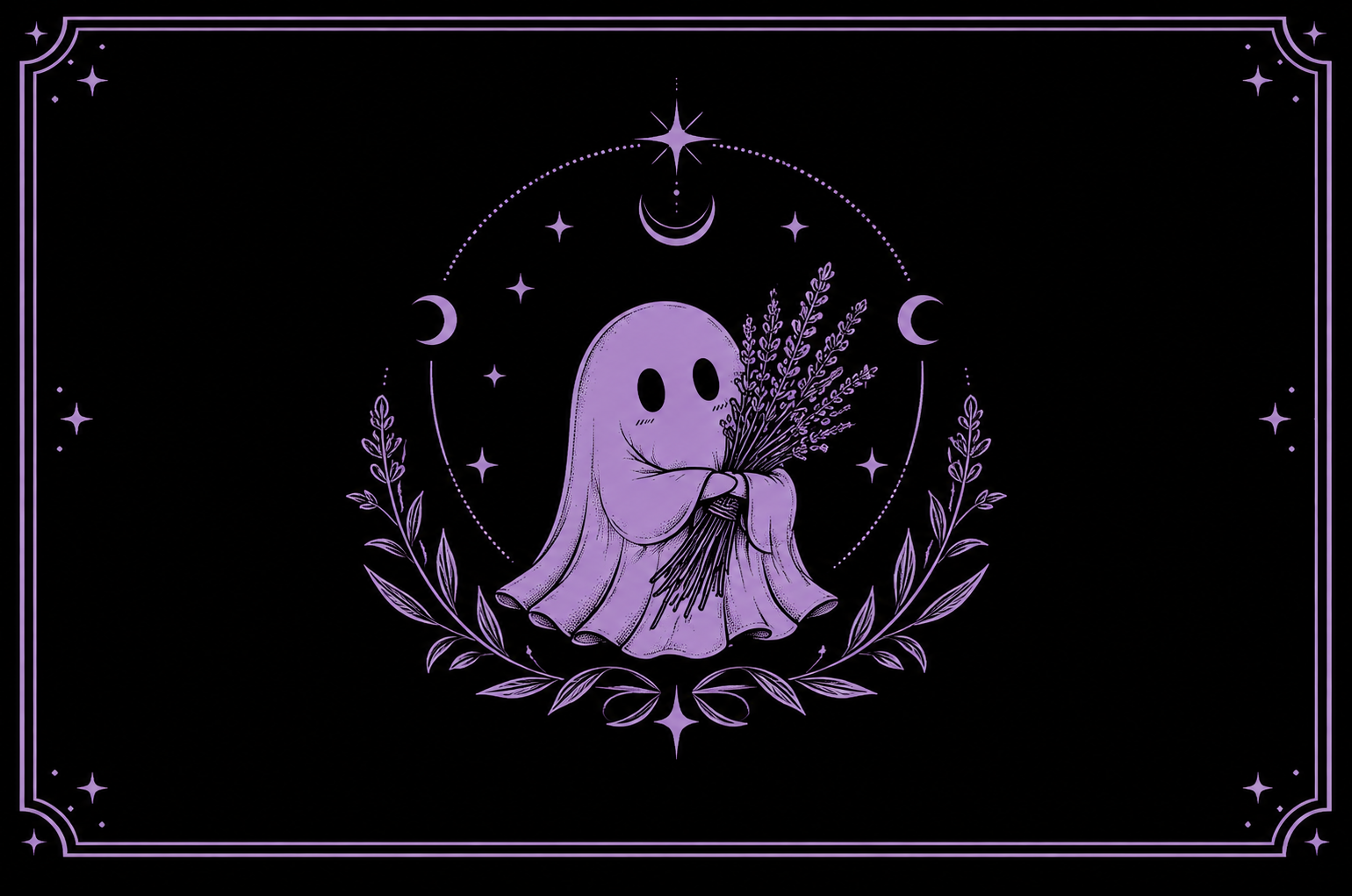 A purple cartoon ghost holding a bouquet of lavender flowers, surrounded by crescent moons, stars, and leaf motifs in a decorative frame.