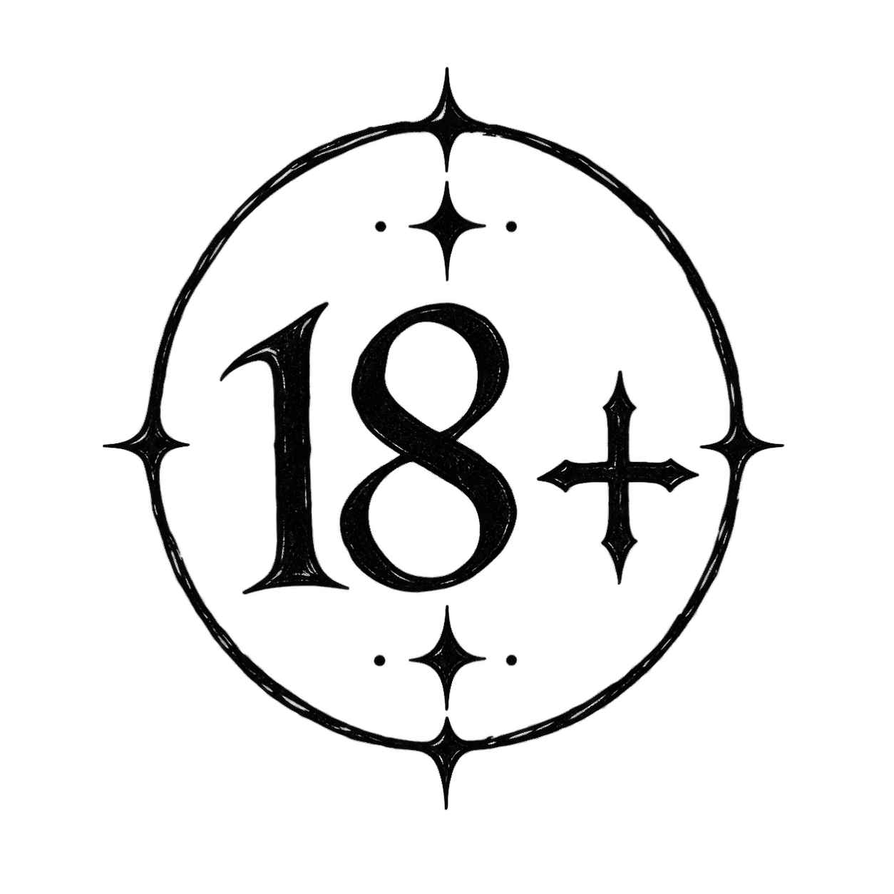A black and white emblem with the number 18 and a plus sign inside a circle, decorated with stars and a cross.