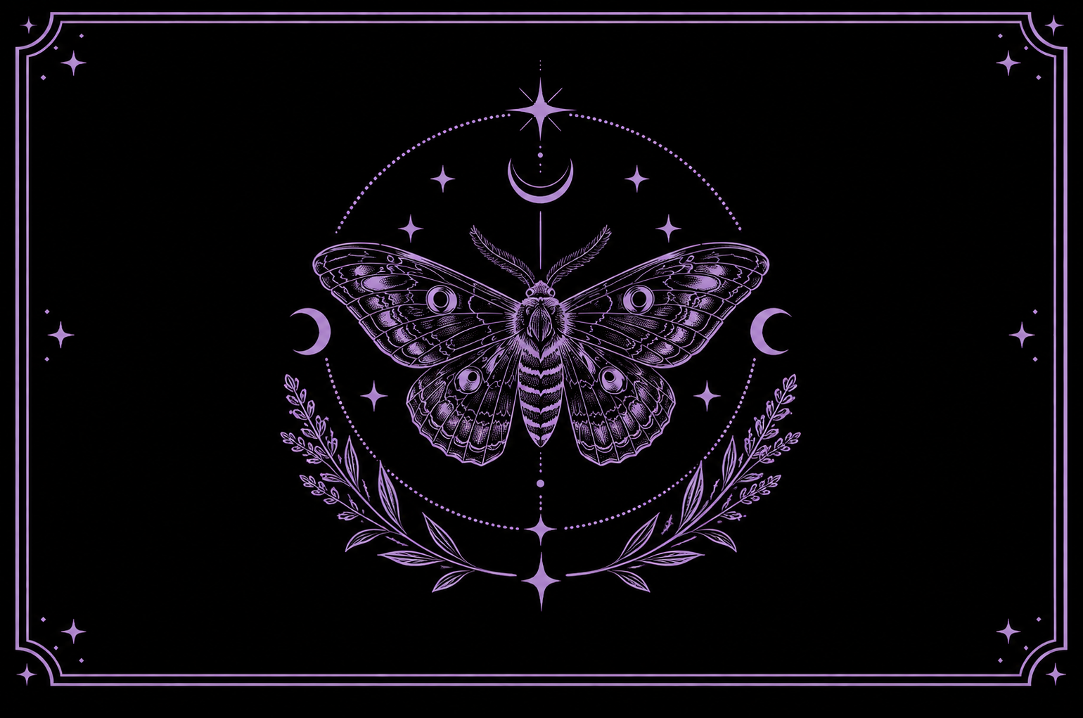 A purple, mystical illustration of a butterfly with celestial and botanical elements, including moons, stars, and laurels, on a black background.