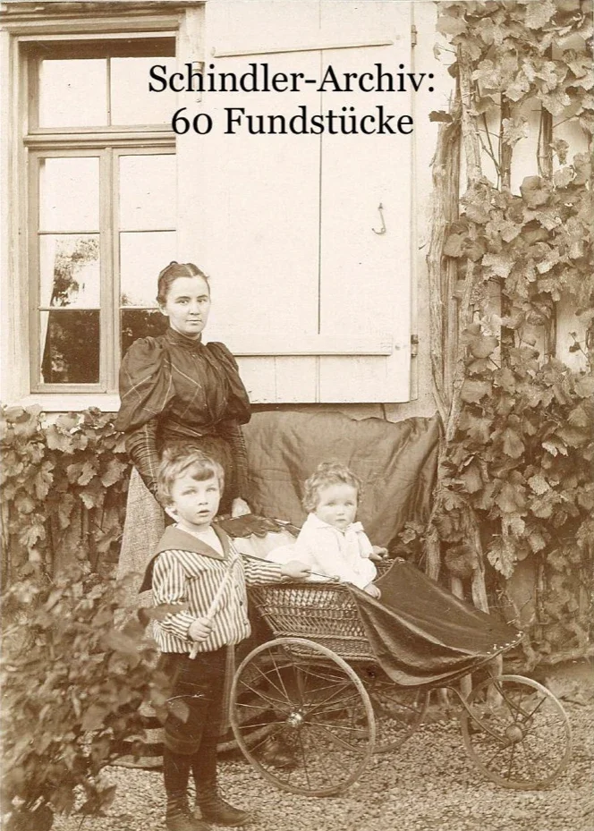 Book cover for *Schindler Archive: 60 Artifacts*, featuring a historical photograph of a woman and two children in front of a house.