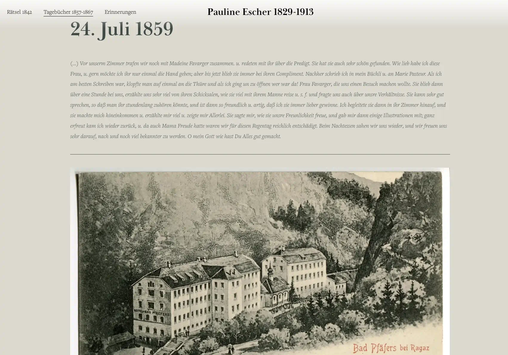 Digital presentation of a diary entry by Pauline Escher, featuring a legible transcript and a historical illustration.