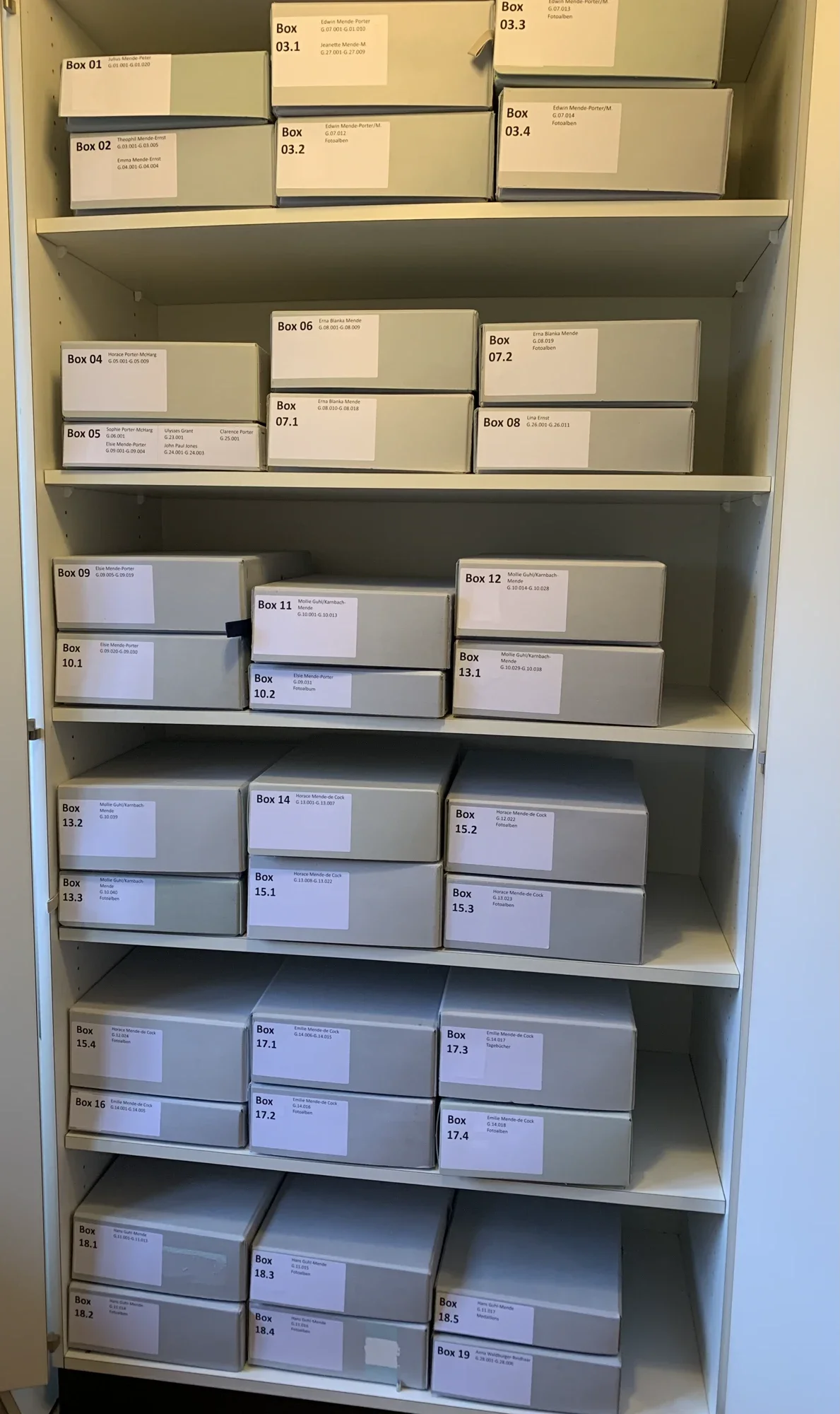 A neatly organized archive shelf with labeled archive boxes, arranged according to proper cataloging and storage procedures.