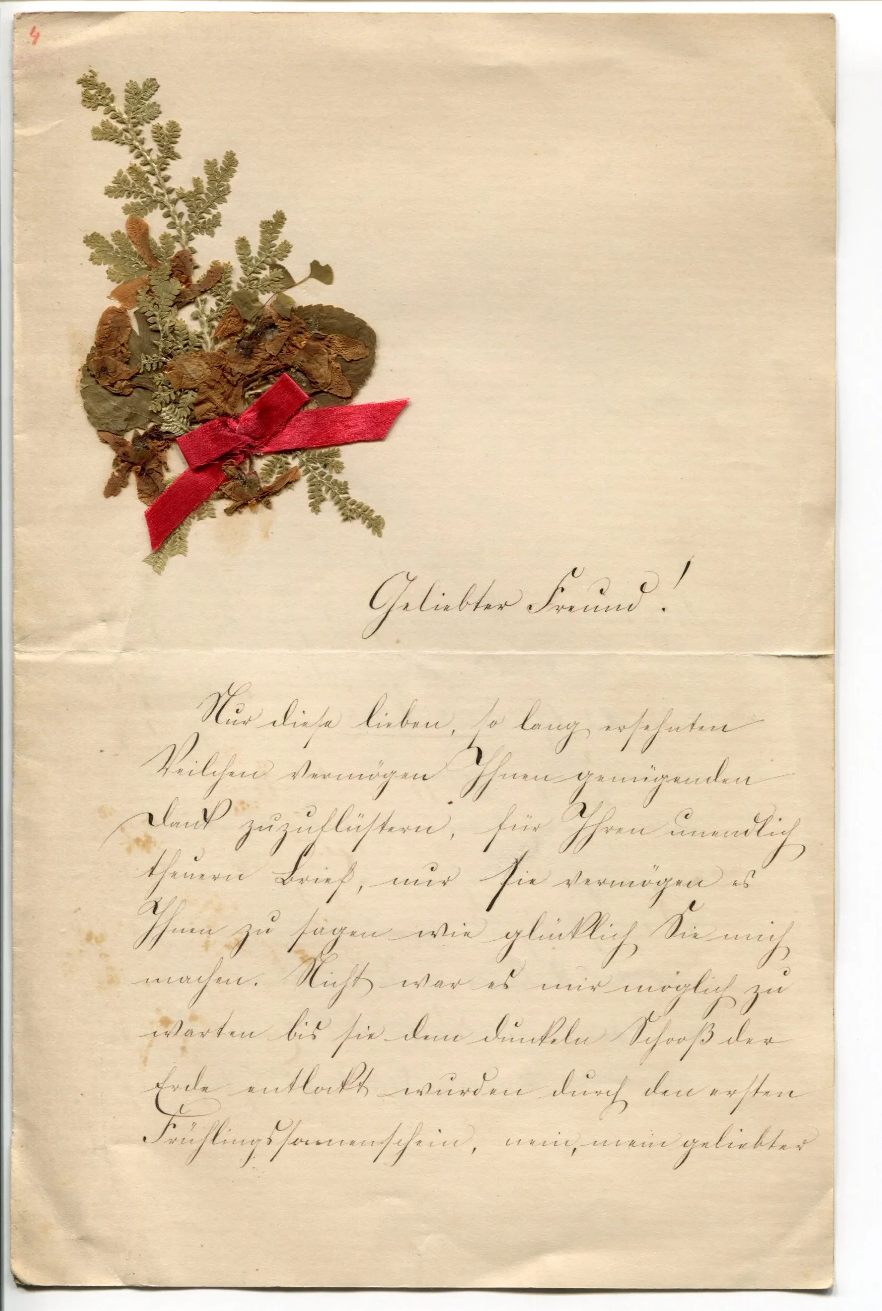 A handwritten love letter dated March 16, 1874, decorated with dried leaves, moss, and a red ribbon in the upper left corner.