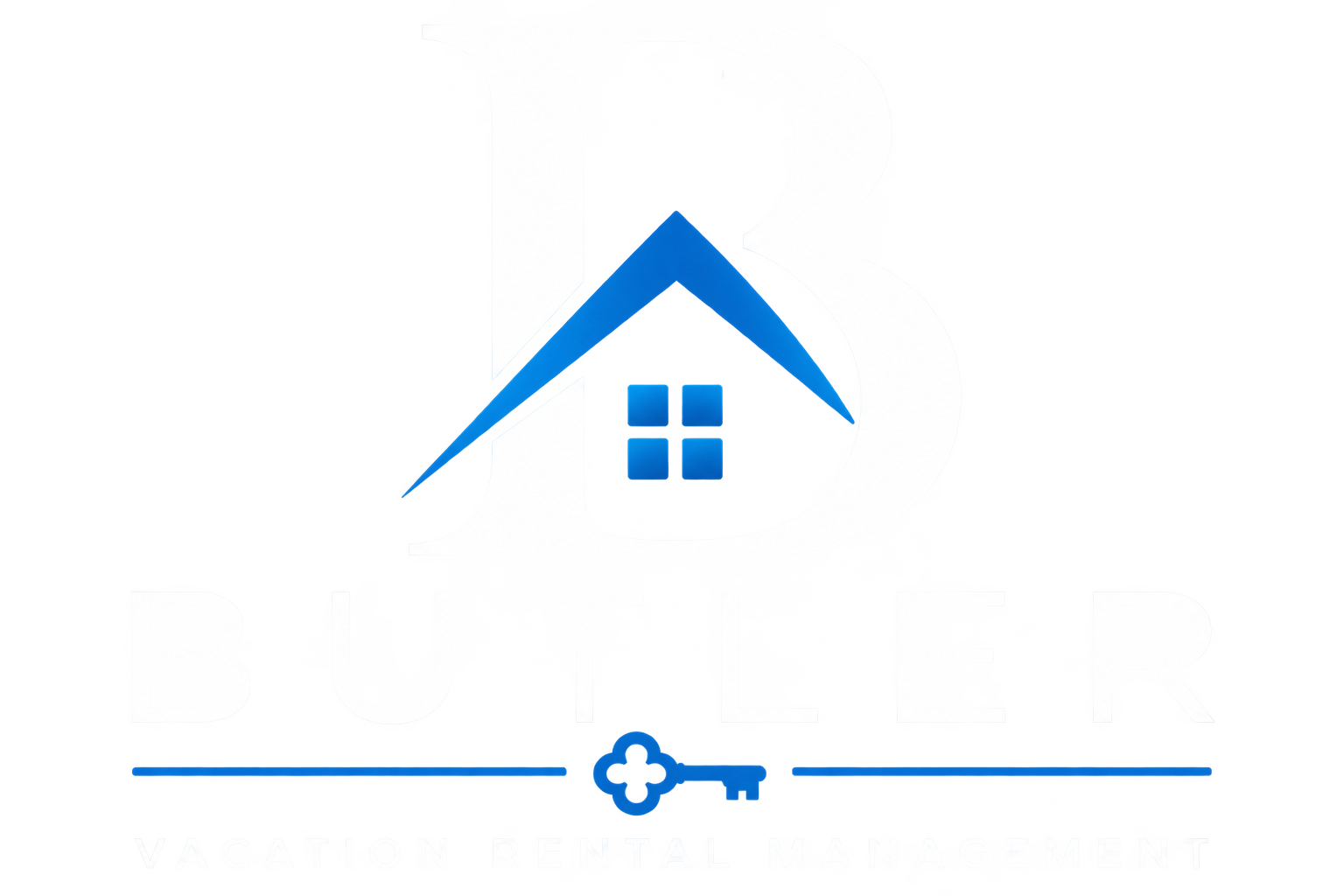 Neon sign for 'Butler Vacation Rental Management' featuring a house icon with a pink roof and blue walls, a key graphic, and illuminated text.