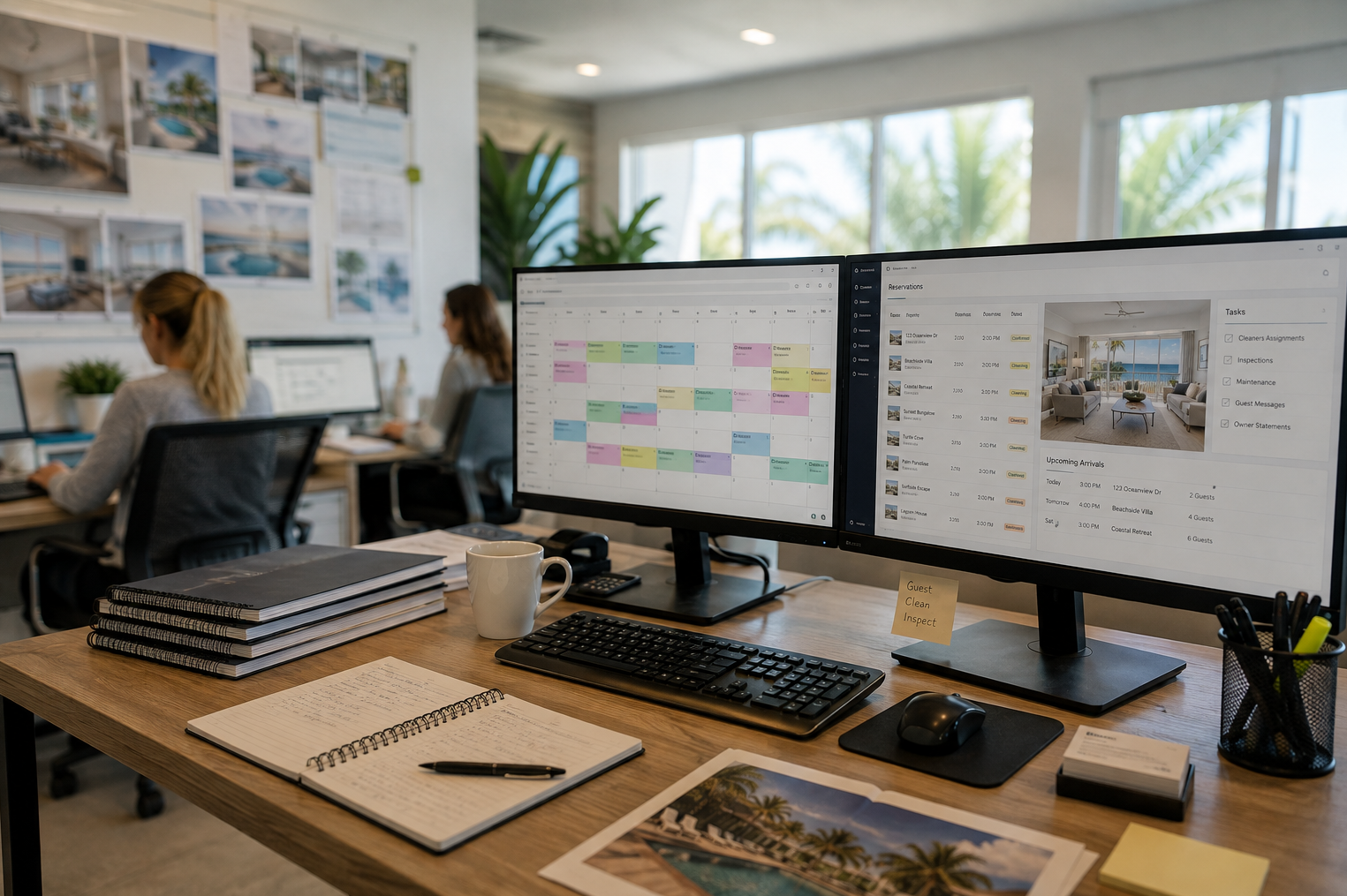 Office workspace with two computer monitors showing scheduling and reservation details, notebooks, a keyboard, mouse, a coffee mug, and a note that says 'Guest Clean Inspect' on a wooden desk. Two women work in the background with pictures of outdoor scenes on the wall.