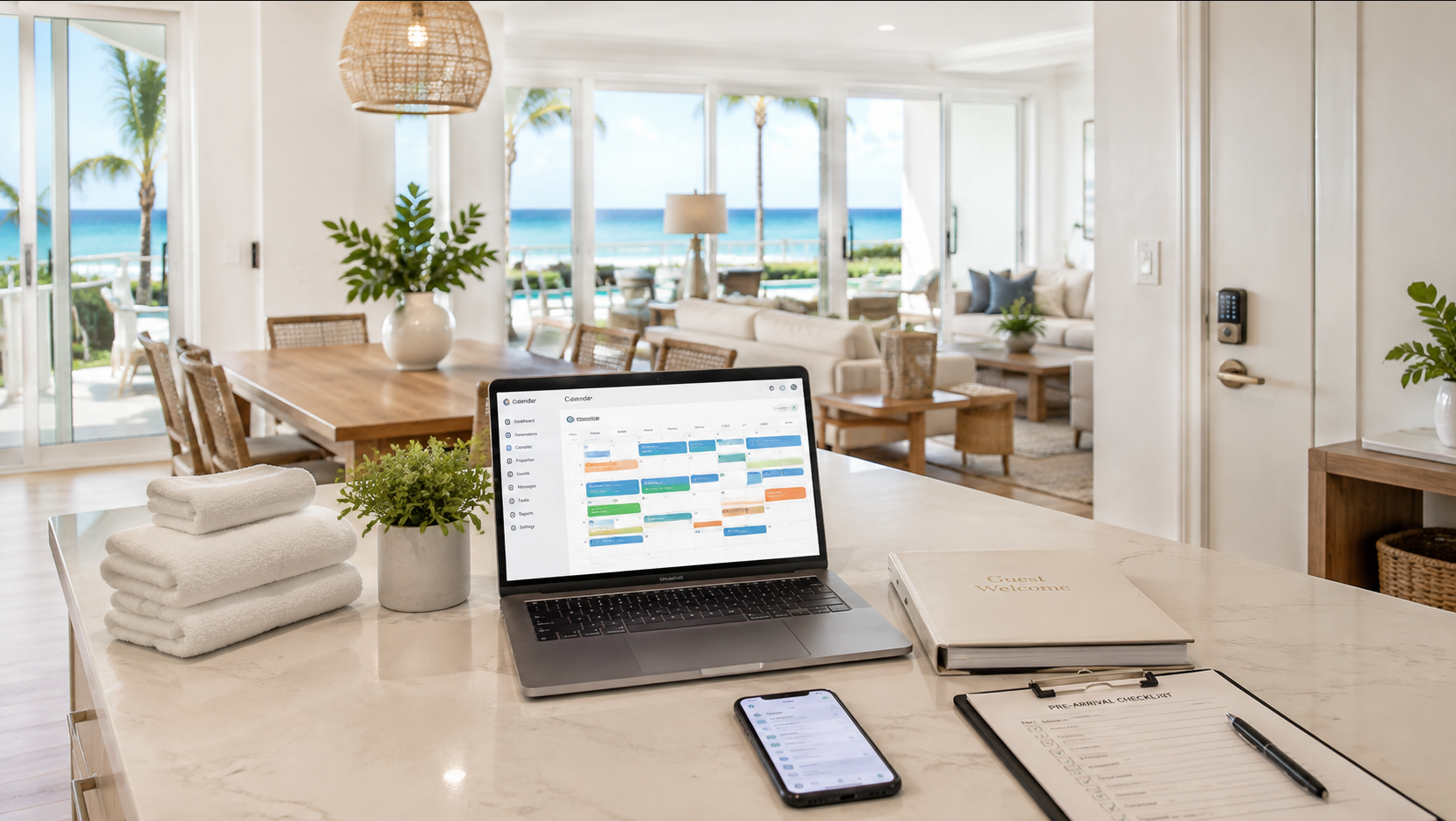 A modern, bright, beachside hotel reception area with a marble counter, a laptop displaying a calendar, a smartphone, a guest welcome binder, and a pre-arrival checklist. The background shows a living room and dining area with large windows overlooking palm trees, the ocean, and a pool.