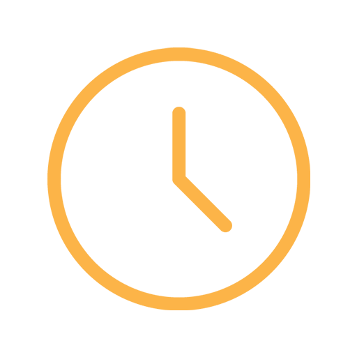 Icon of a clock with an orange border and hands, showing the time as 3:00.