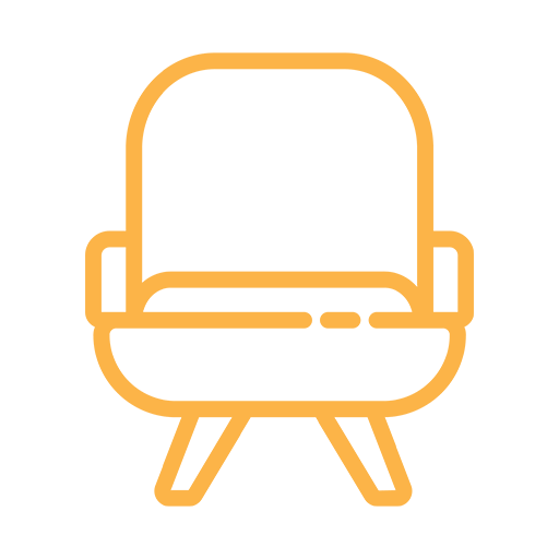 An orange outline illustration of a modern armchair with four legs.